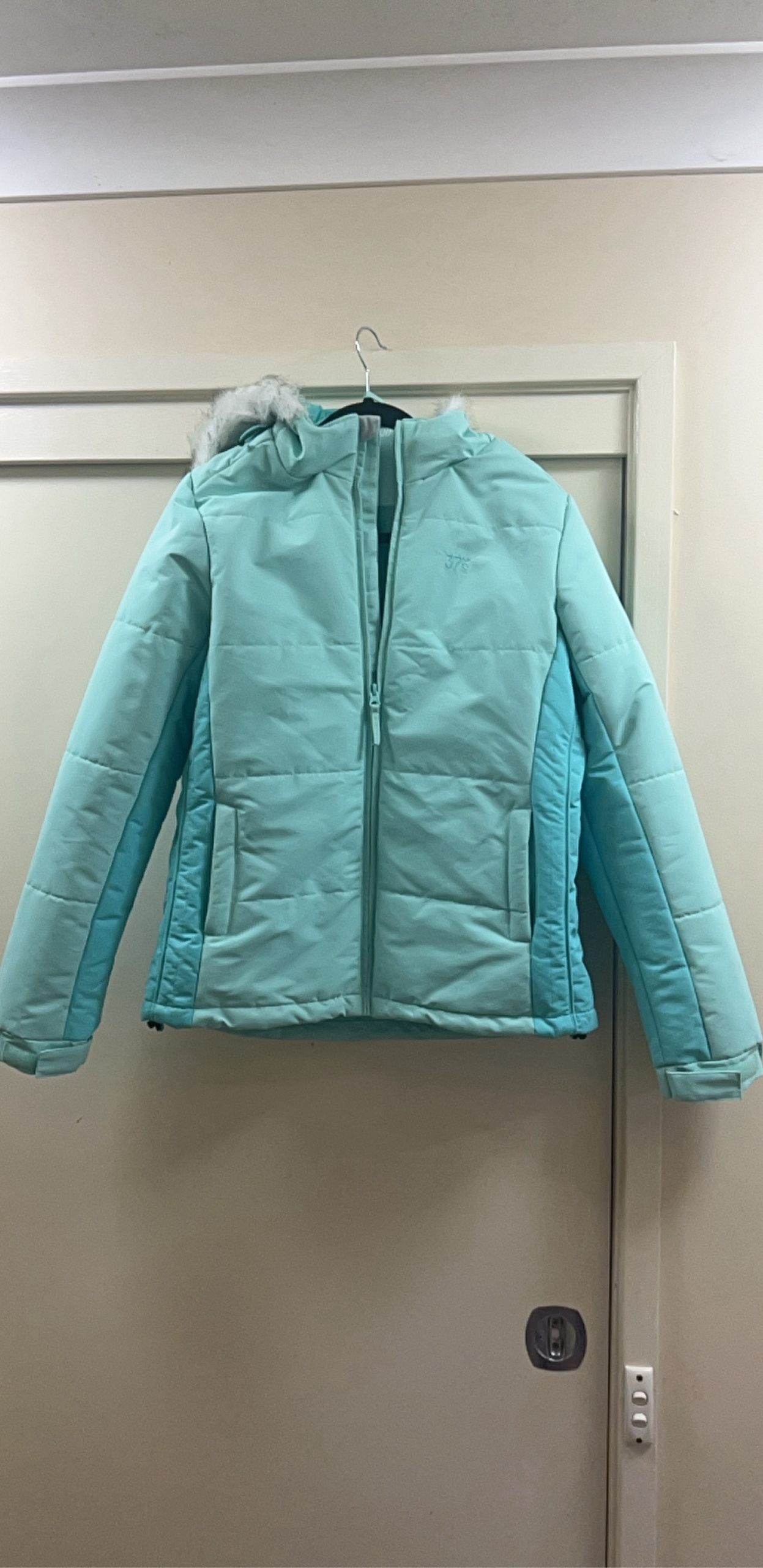 37 Degrees South Light Blue Puffer Jacket Size 10 Faux Fur Hood
