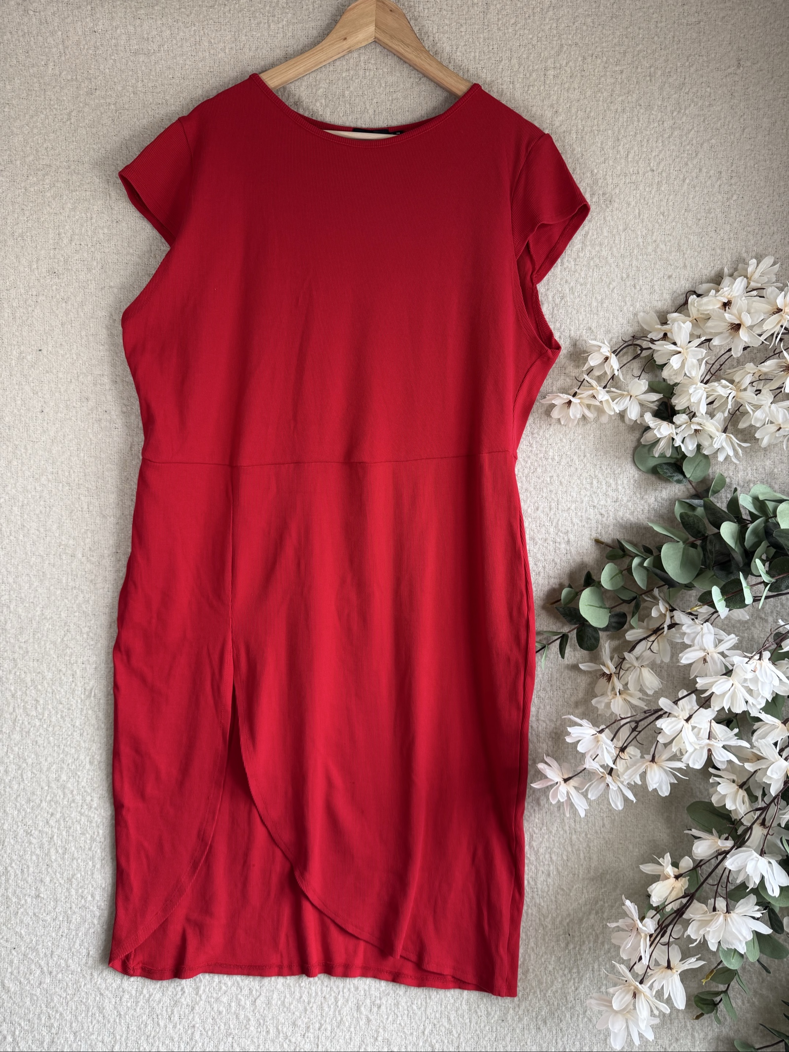 PrettyLittleThing Red Ribbed Wrap Detail Dress UK 20 Casual Elegant Summer