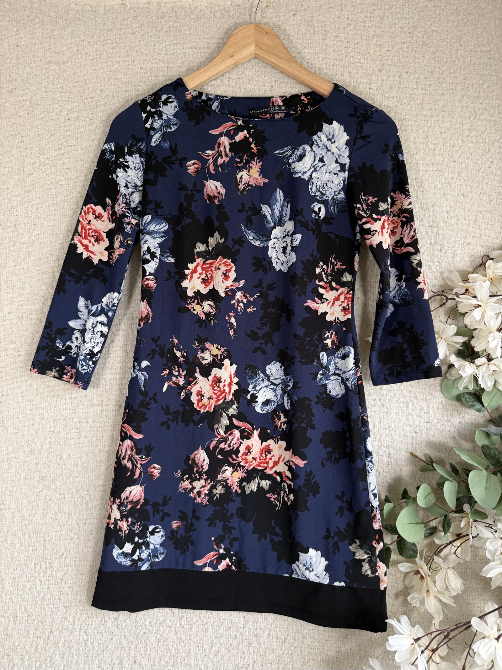 Atmosphere Navy Floral Print Stretch Dress UK 6 Long Sleeve Casual Chic
