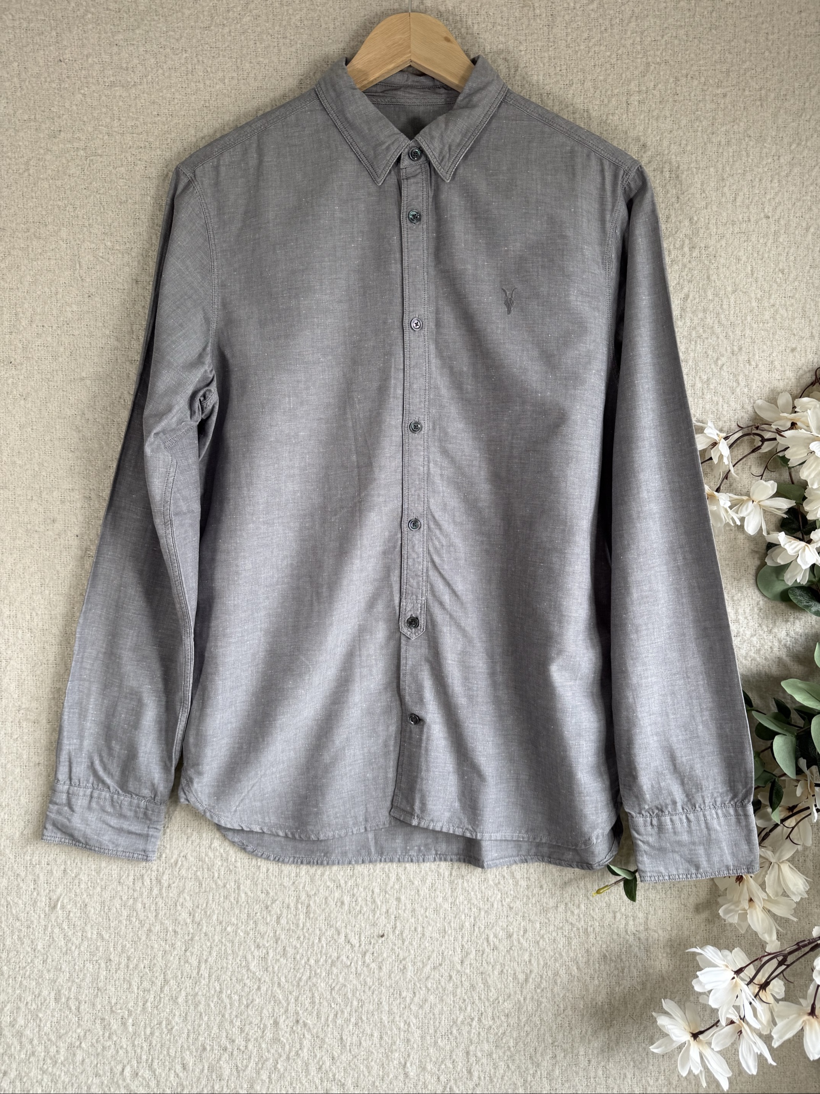 AllSaints Grey Mens Shirt Medium Classic Casual Cotton Blend Button Up