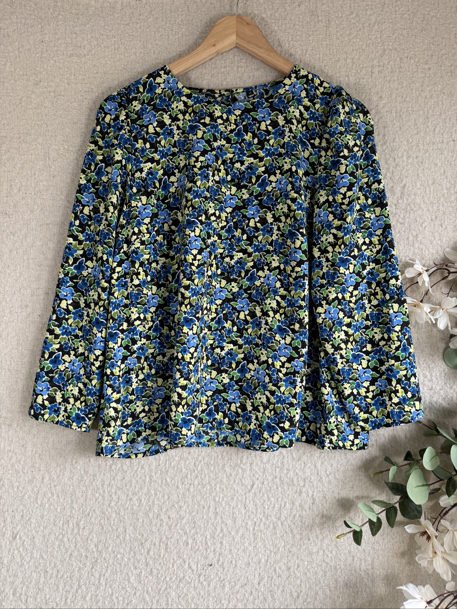 Floral Blue & Black Long Sleeve Top UK 14 Casual Chic Lightweight Shirt