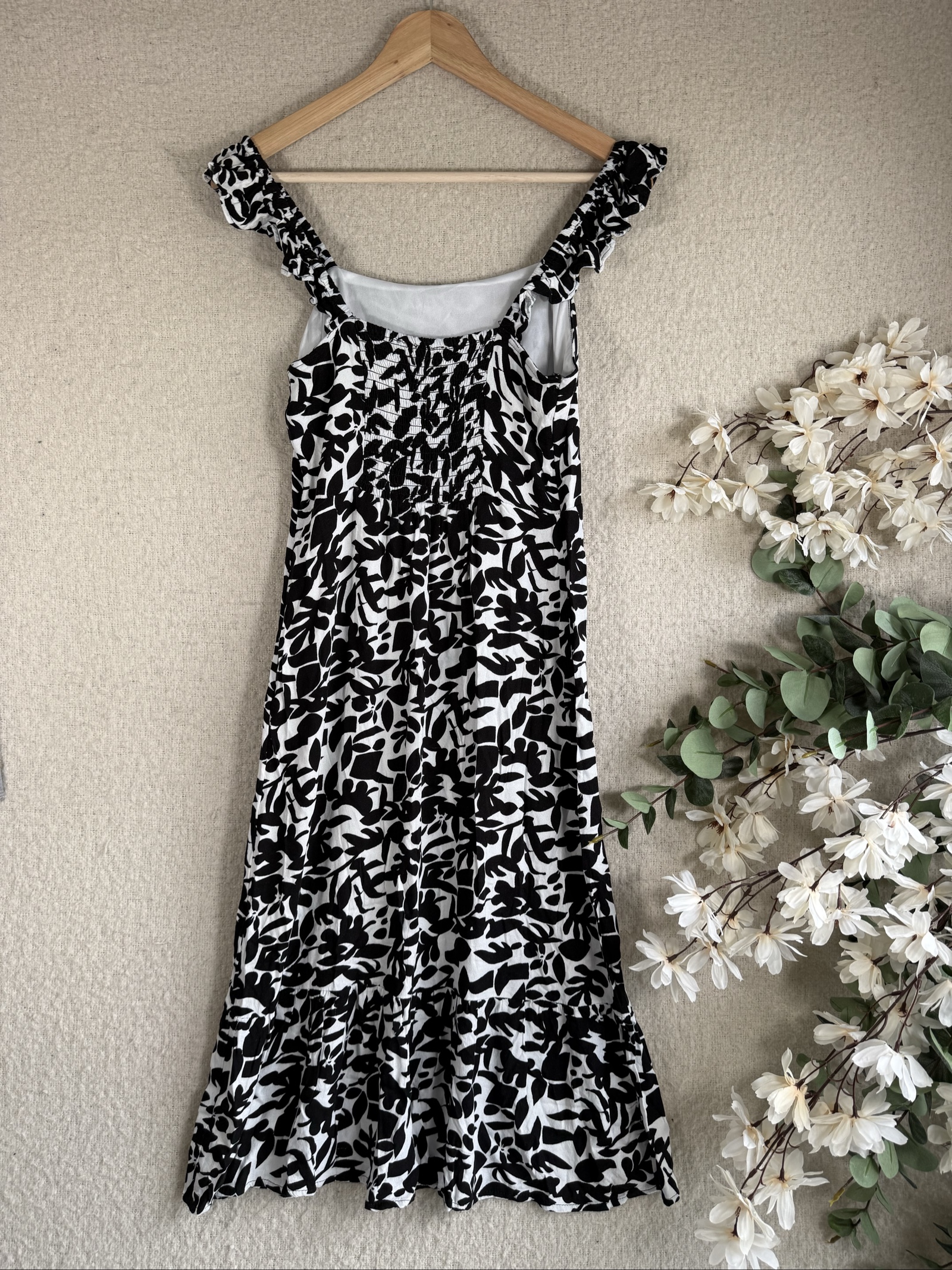 Primark Black & White Floral Midi Dress UK 10 Ruffle Straps Summer Style image 3