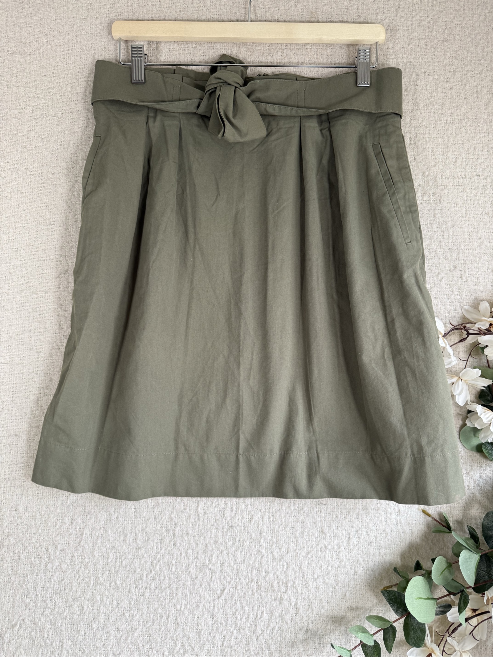 H&M Olive Green Tie Waist Skirt UK 14 Flared Casual Summer Everyday