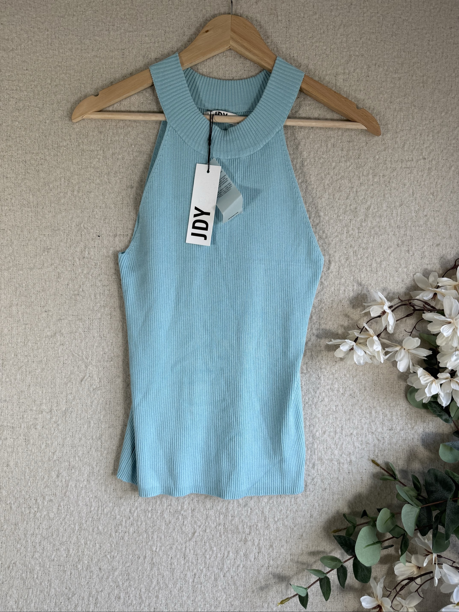 JDY Light Blue Ribbed Halter Neck Knit Top XL Soft Viscose Fabric UK XL