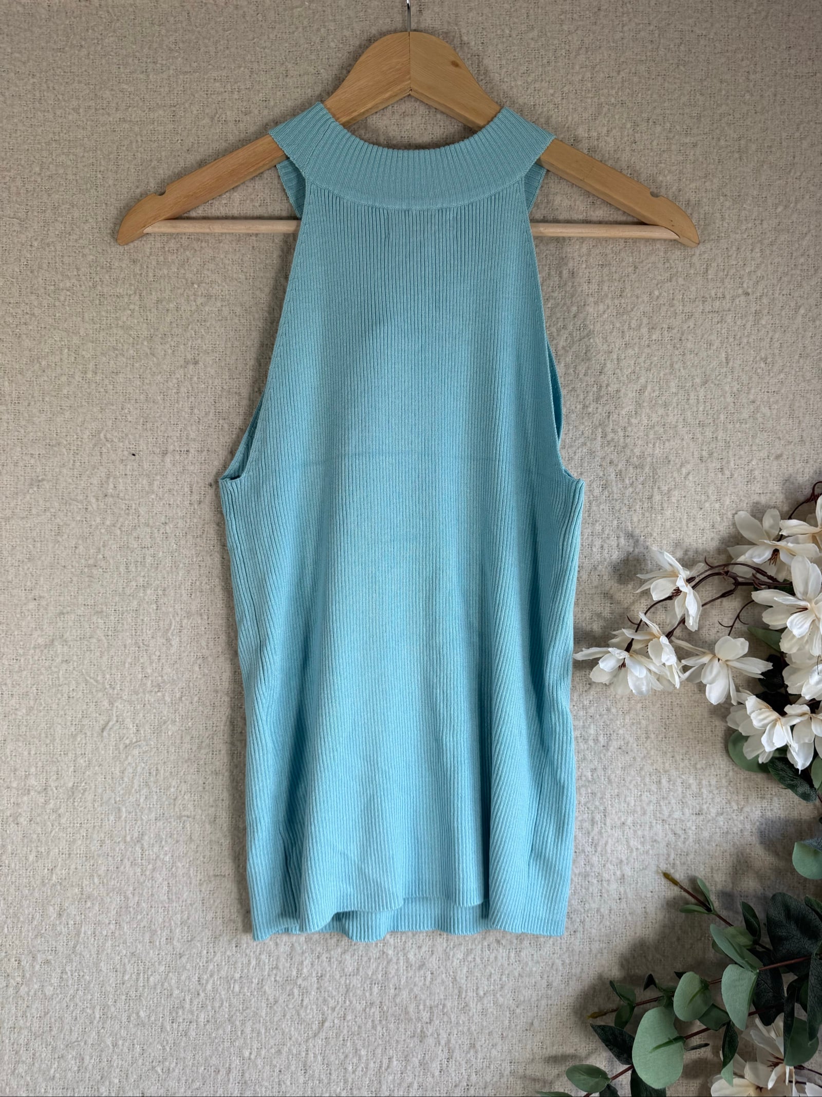 JDY Light Blue Ribbed Halter Neck Knit Top XL Soft Viscose Fabric UK XL image 3