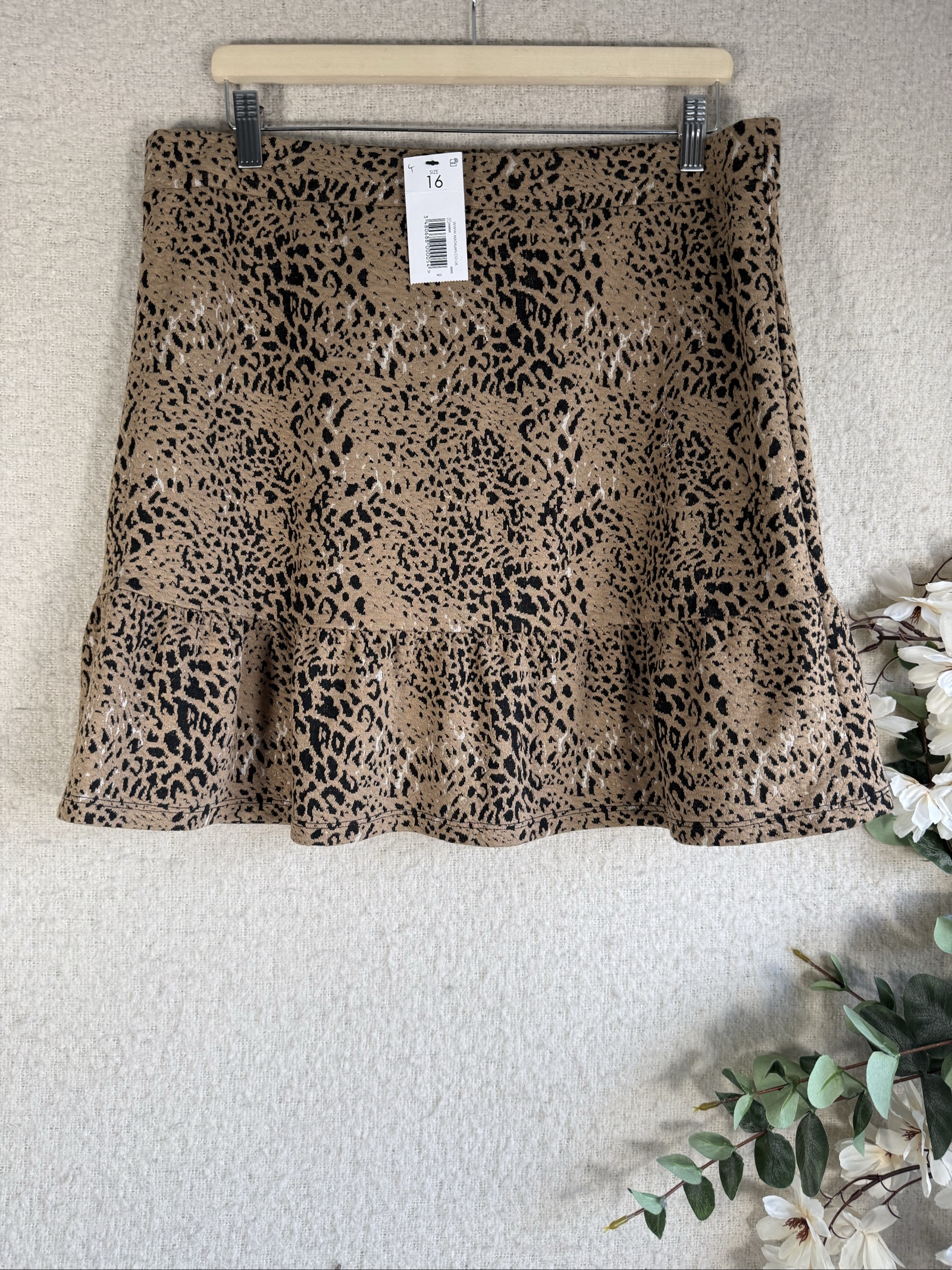 Papaya Brown & Black Leopard Print Mini Skirt UK 16 Ruffled Hem Stylish