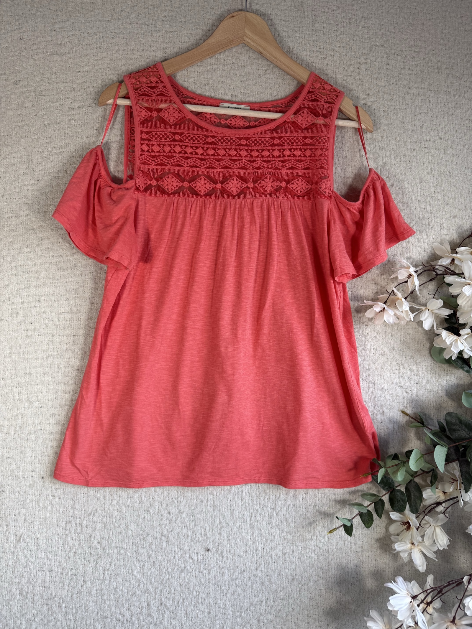Papaya Coral Cold Shoulder Top Size UK 14 with Lace Detail Summer Casual