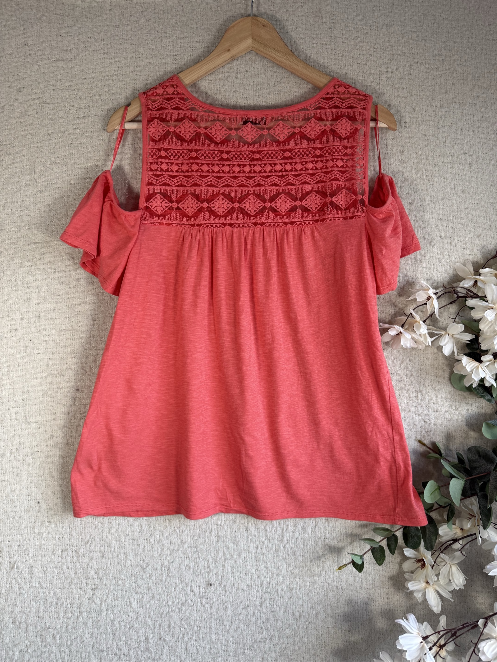 Papaya Coral Cold Shoulder Top Size UK 14 with Lace Detail Summer Casual image 4