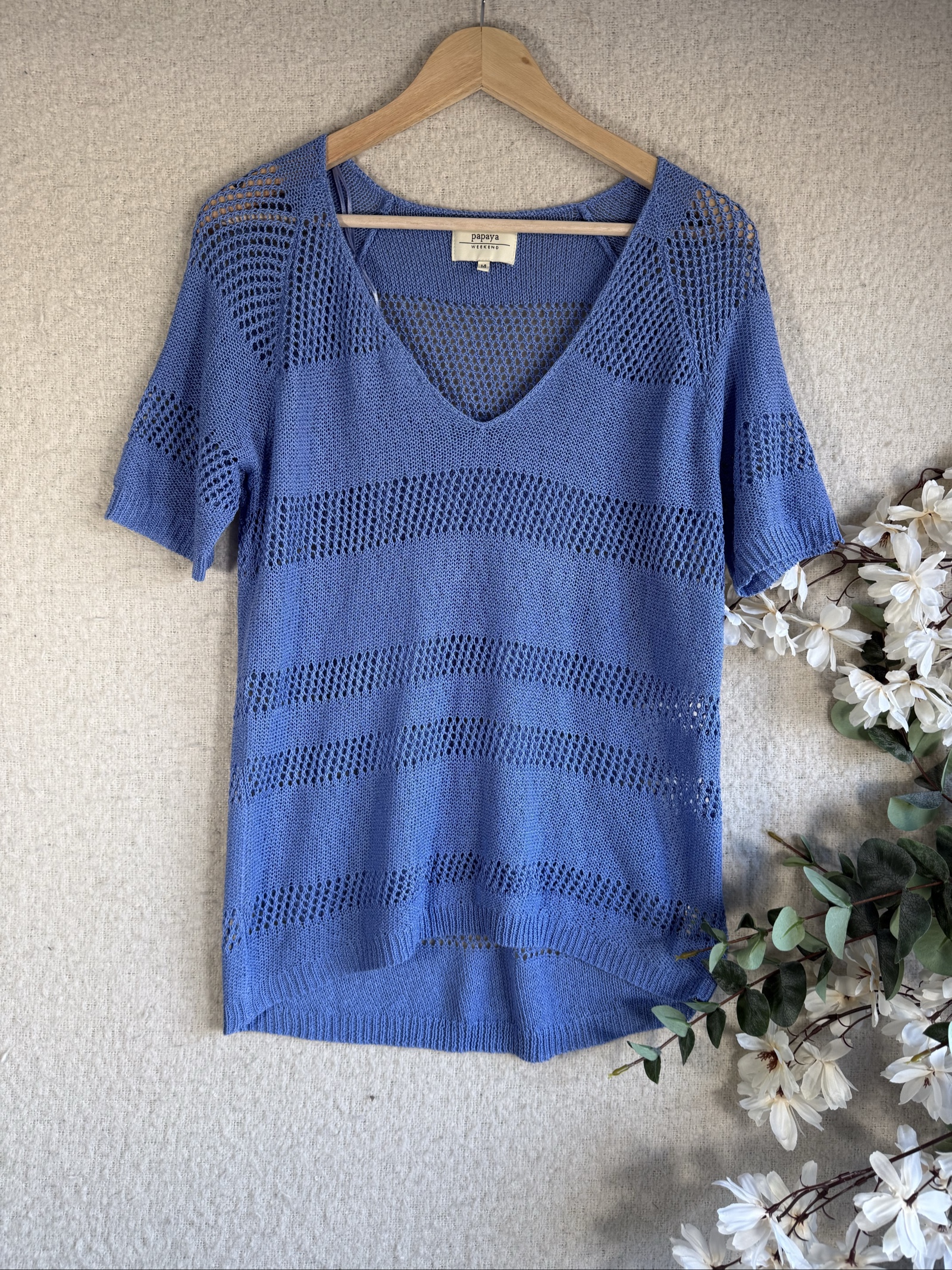 Papaya Blue Knit Short Sleeve V-Neck Jumper Top UK 14 Stylish Summer Wear