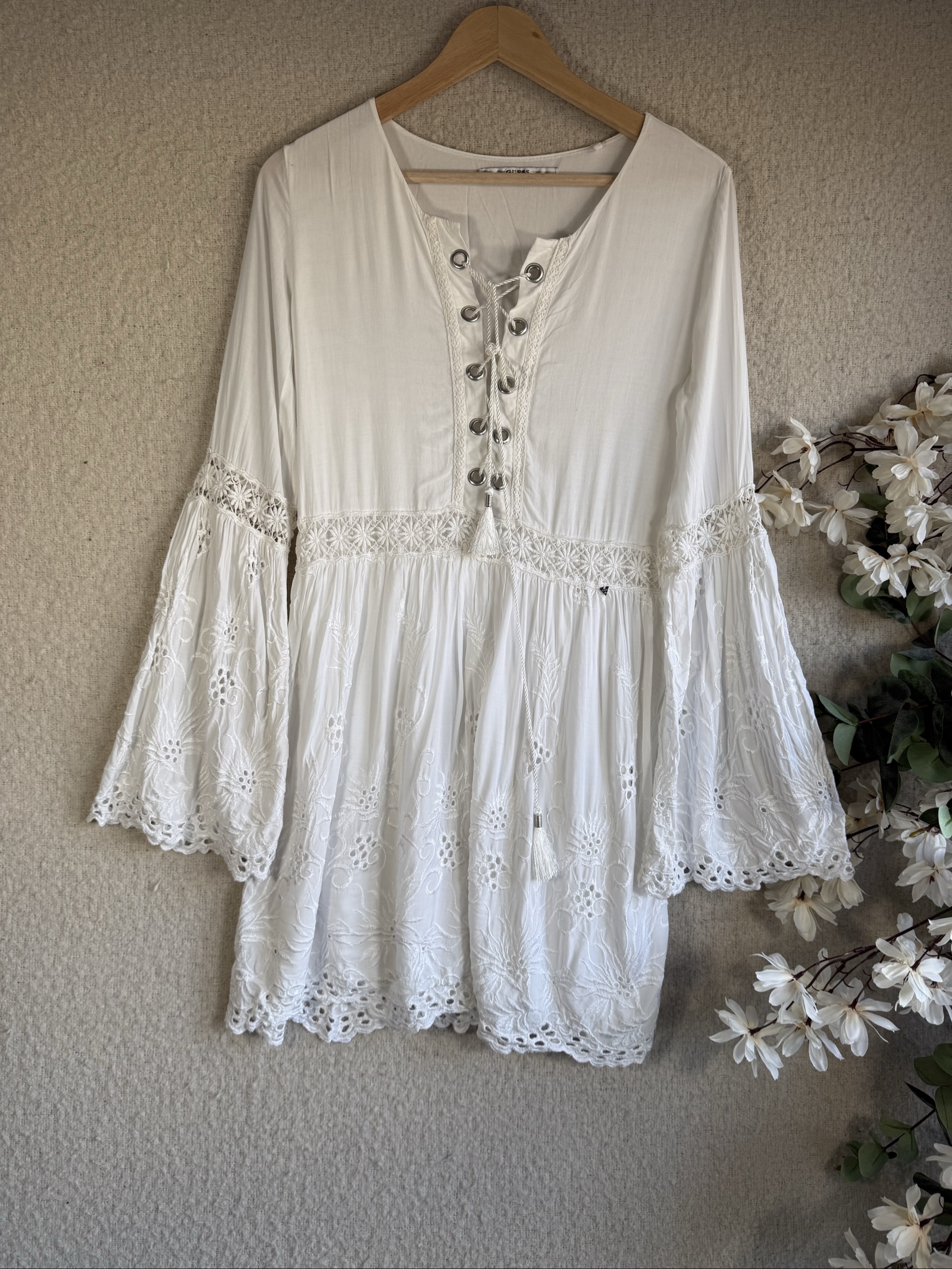 Guess White Lace Up Embroidered Tunic Dress Women UK 8 Boho Chic