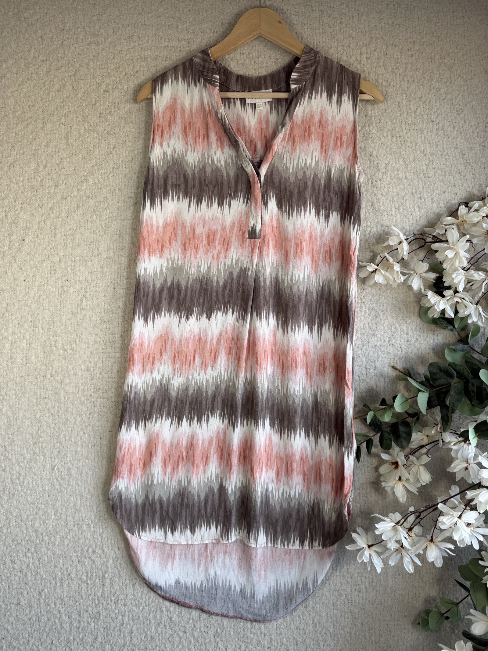 Apricot Pink Brown White Sleeveless Tunic Dress UK 10 Lightweight Summer Style