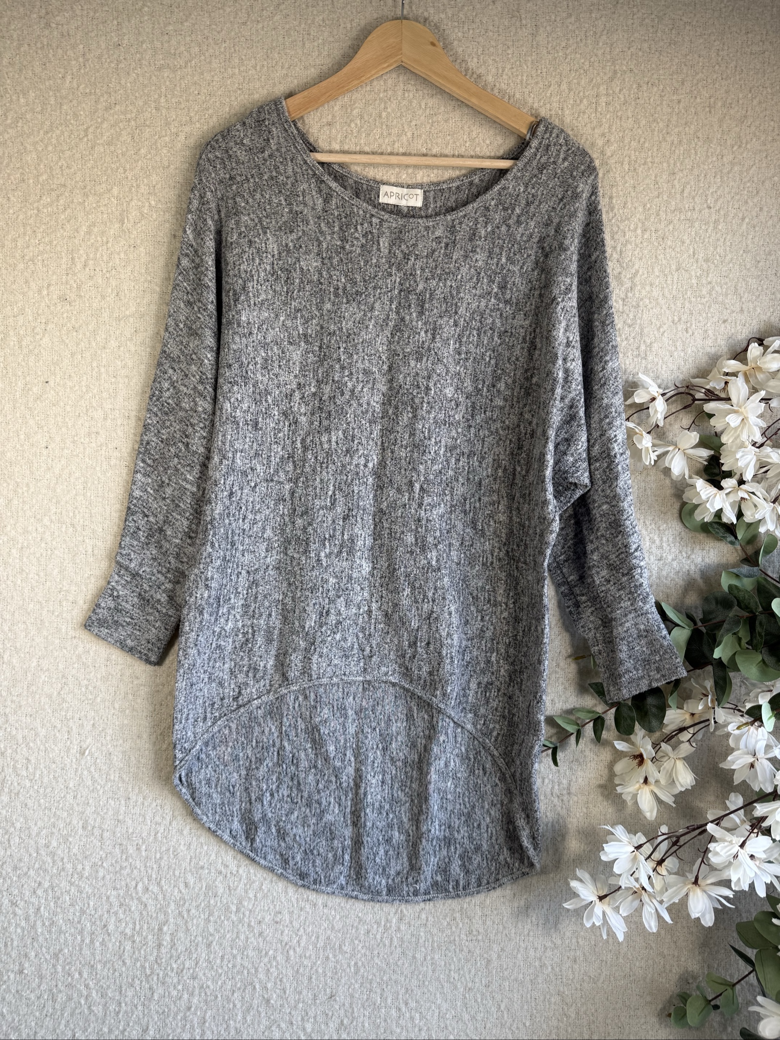 Apricot Grey Soft Knit Long Sleeve Top UK 10 Comfortable Casual Sweater