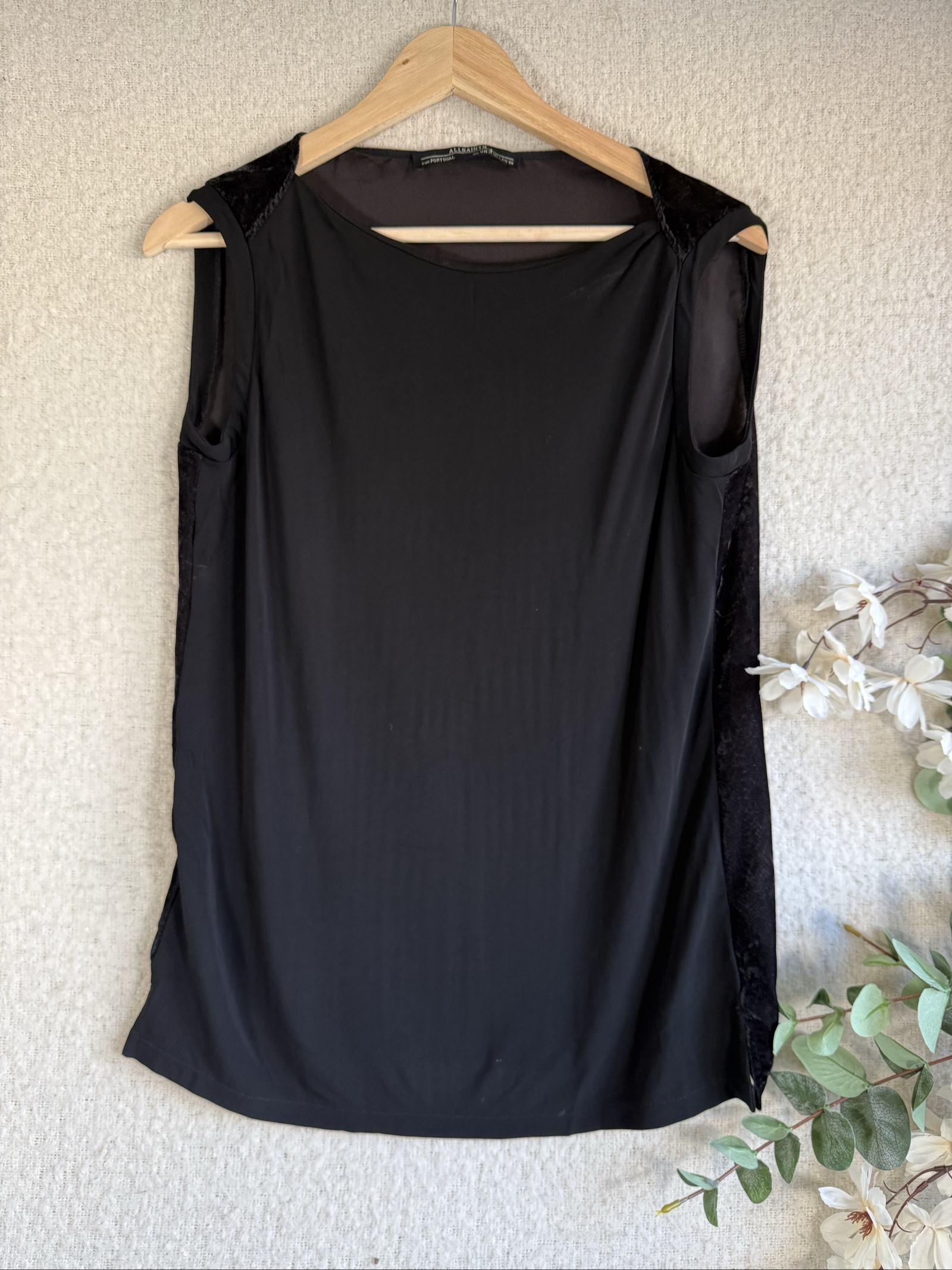 AllSaints Black Velvet Back Sleeveless Top UK 10 Stylish Casual Tank