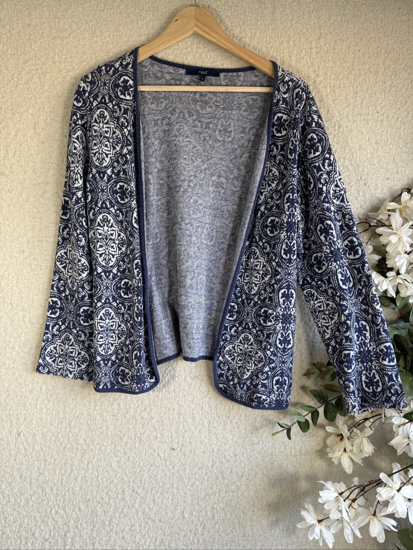 Next Navy & White Patterned Open Front Cardigan UK 16 Stylish Casual Knit