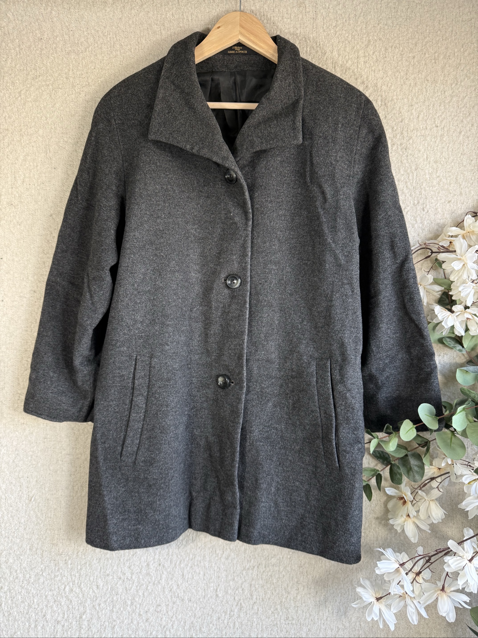 St Michael Marks & Spencer Charcoal Grey Wool Blend Classic Button Coat UK S