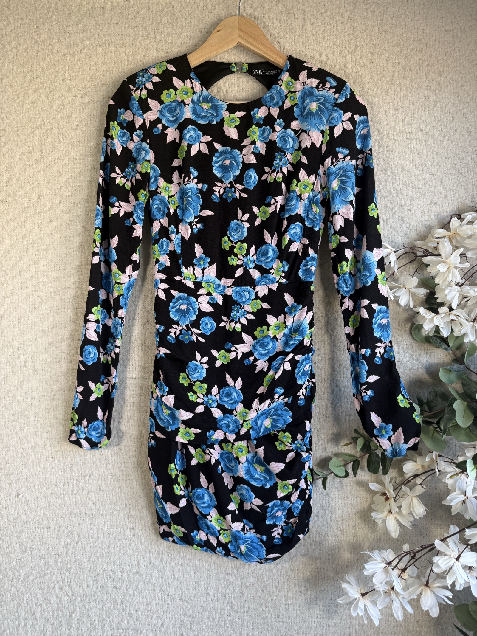 Zara Black Blue Floral Bodycon Dress UK Medium Long Sleeve Cut Out Back
