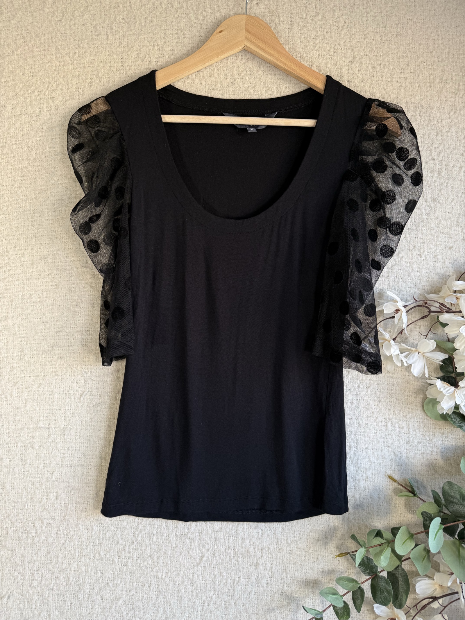Sosandar Black Polka Dot Mesh Sleeve Top UK 8 Elegant Chic Style
