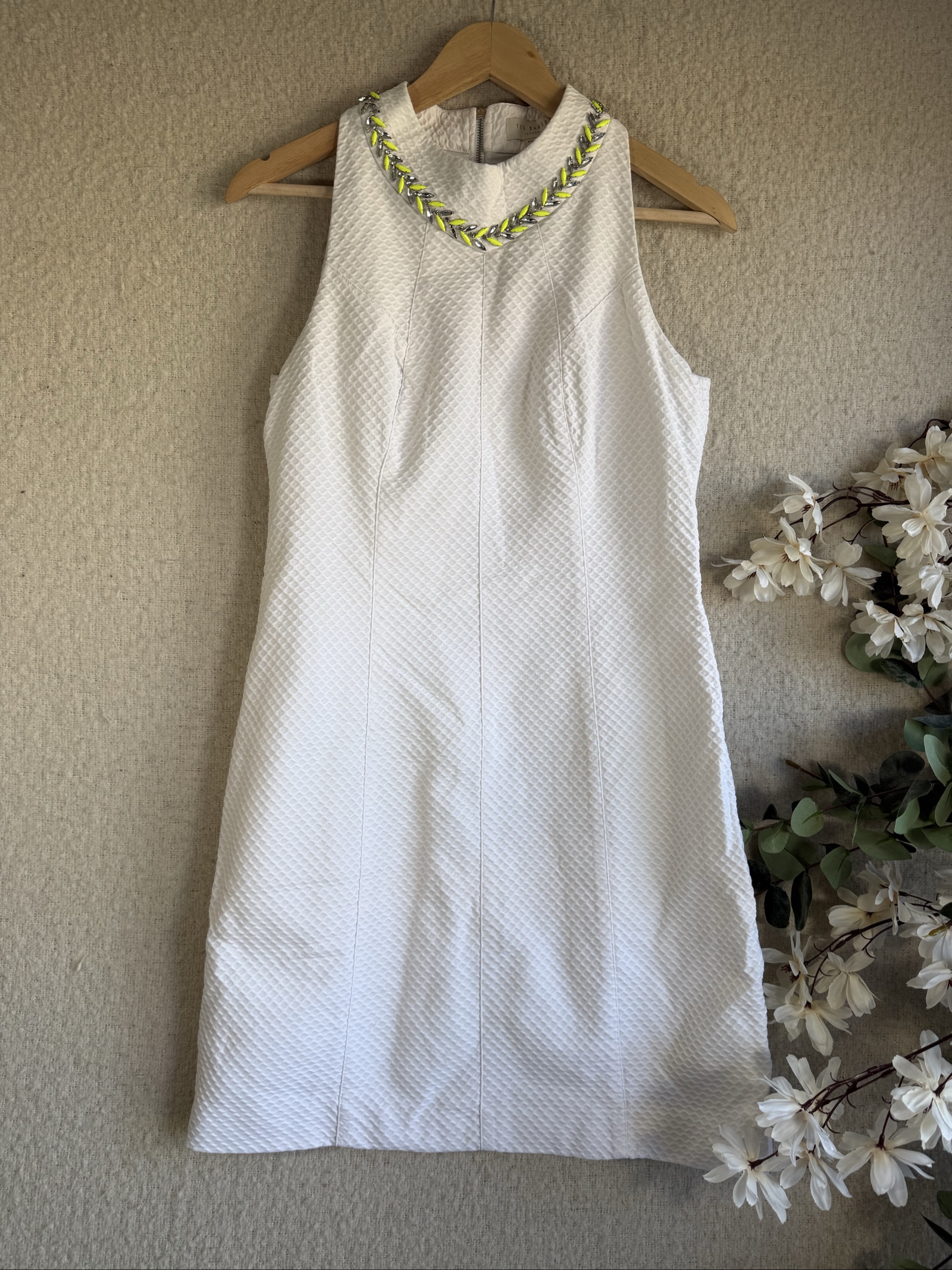 Ted Baker White Textured Embellished Neck Dress UK 12 Sleeveless Elegant