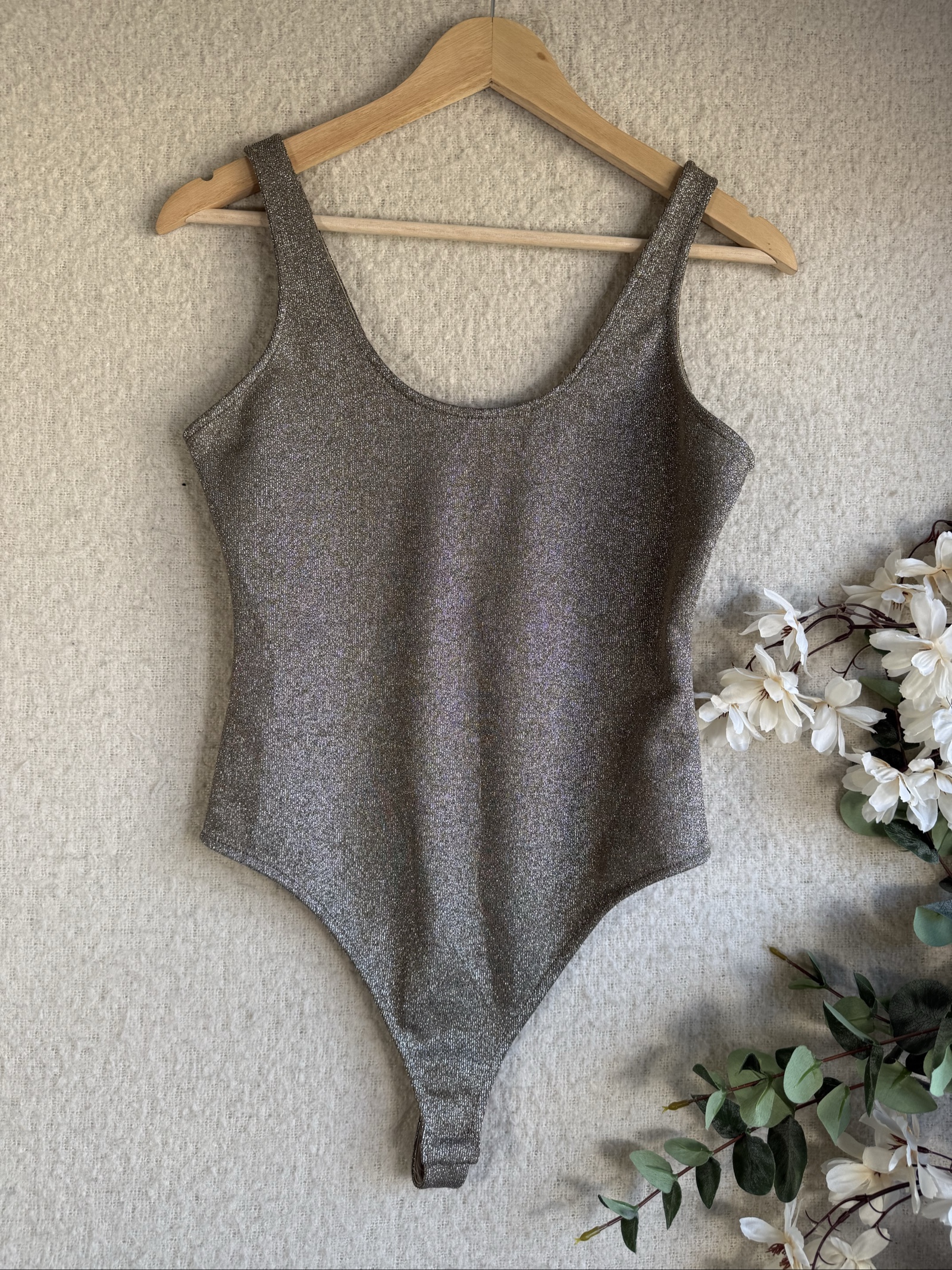 F&F Metallic Grey Sparkle Bodysuit UK Medium Shiny Tank Top Style