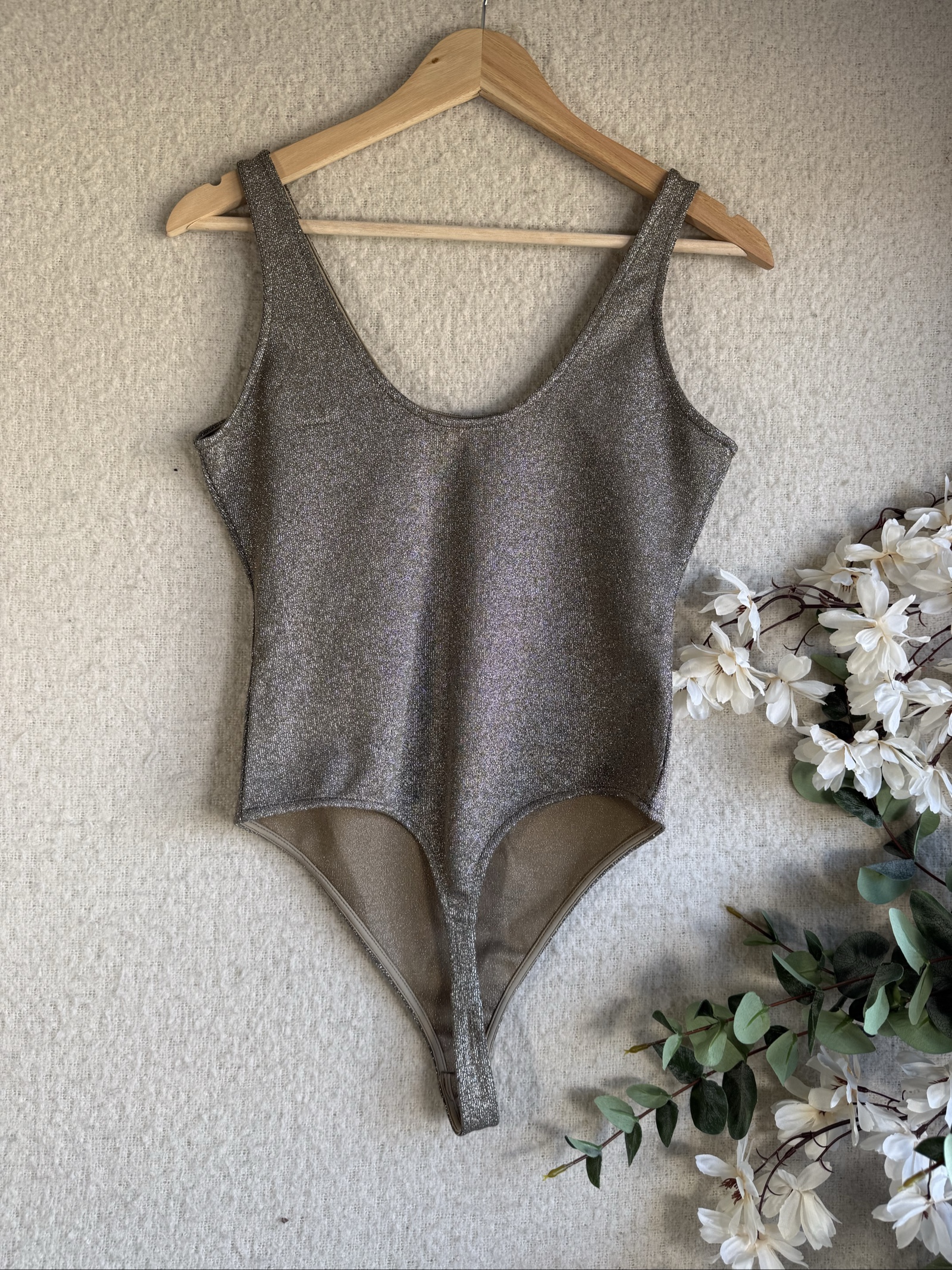 F&F Metallic Grey Sparkle Bodysuit UK Medium Shiny Tank Top Style image 4