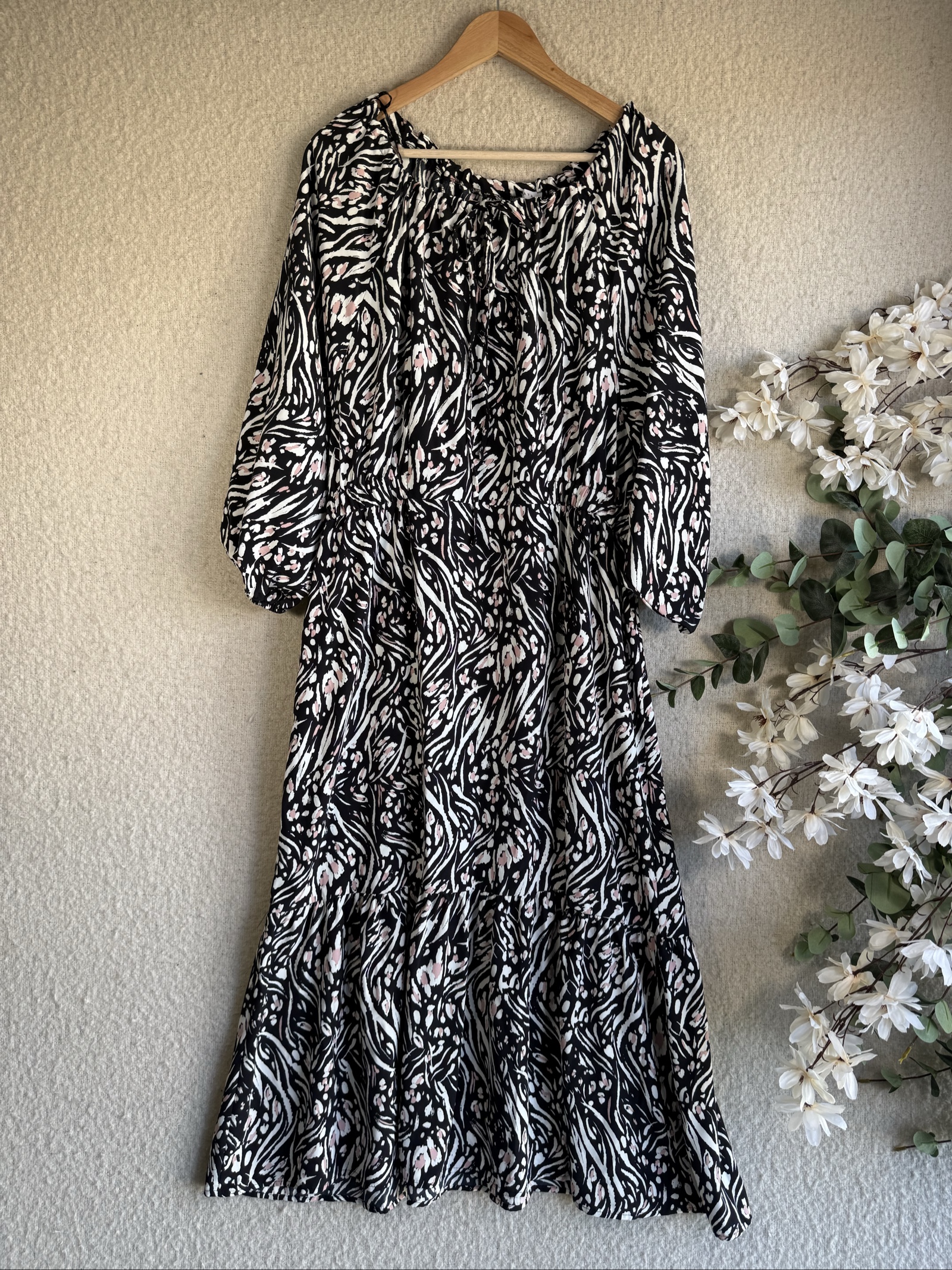 Papaya Black & White Animal Print Midi Dress UK 18 Soft Lightweight
