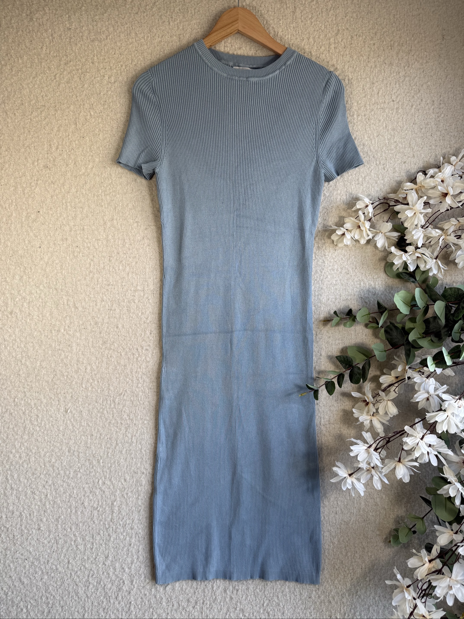 Primark Blue Ribbed Short Sleeve Bodycon Dress UK 16 Soft Stretchy Knit