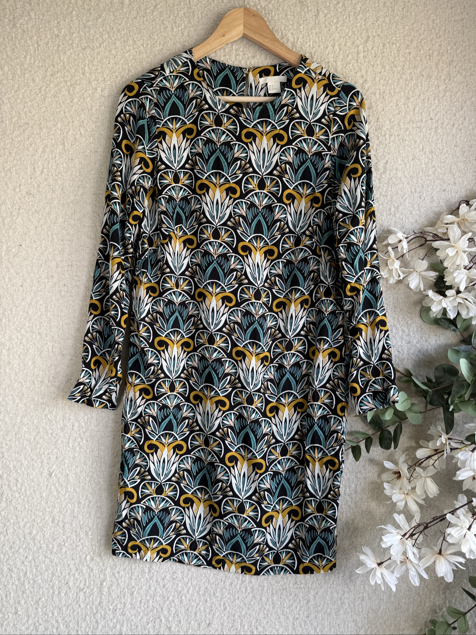H&M Black, Mustard & Teal Patterned Long Sleeve Dress UK 10 Stylish Casual