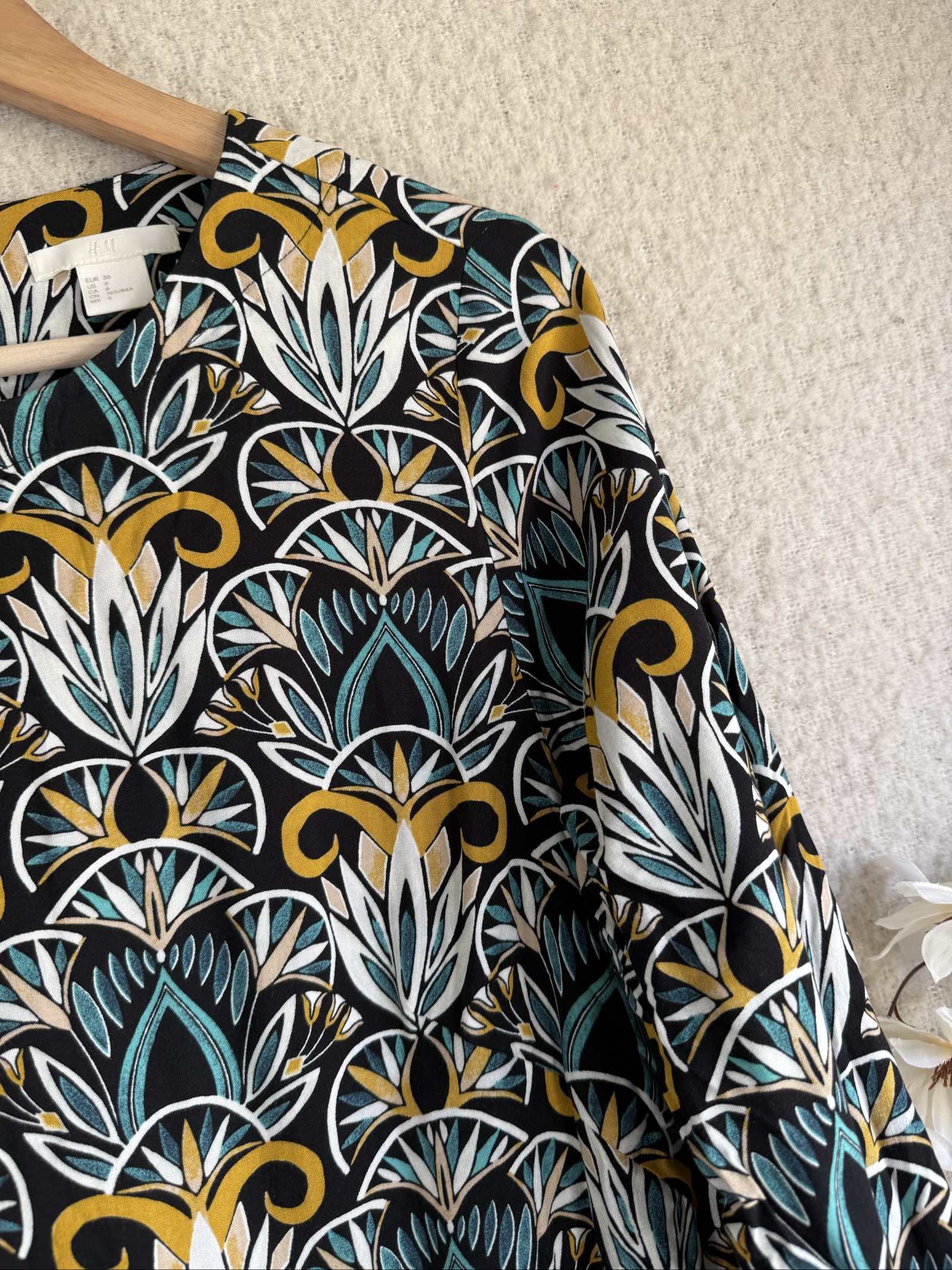 H&M Black, Mustard & Teal Patterned Long Sleeve Dress UK 10 Stylish Casual image 2