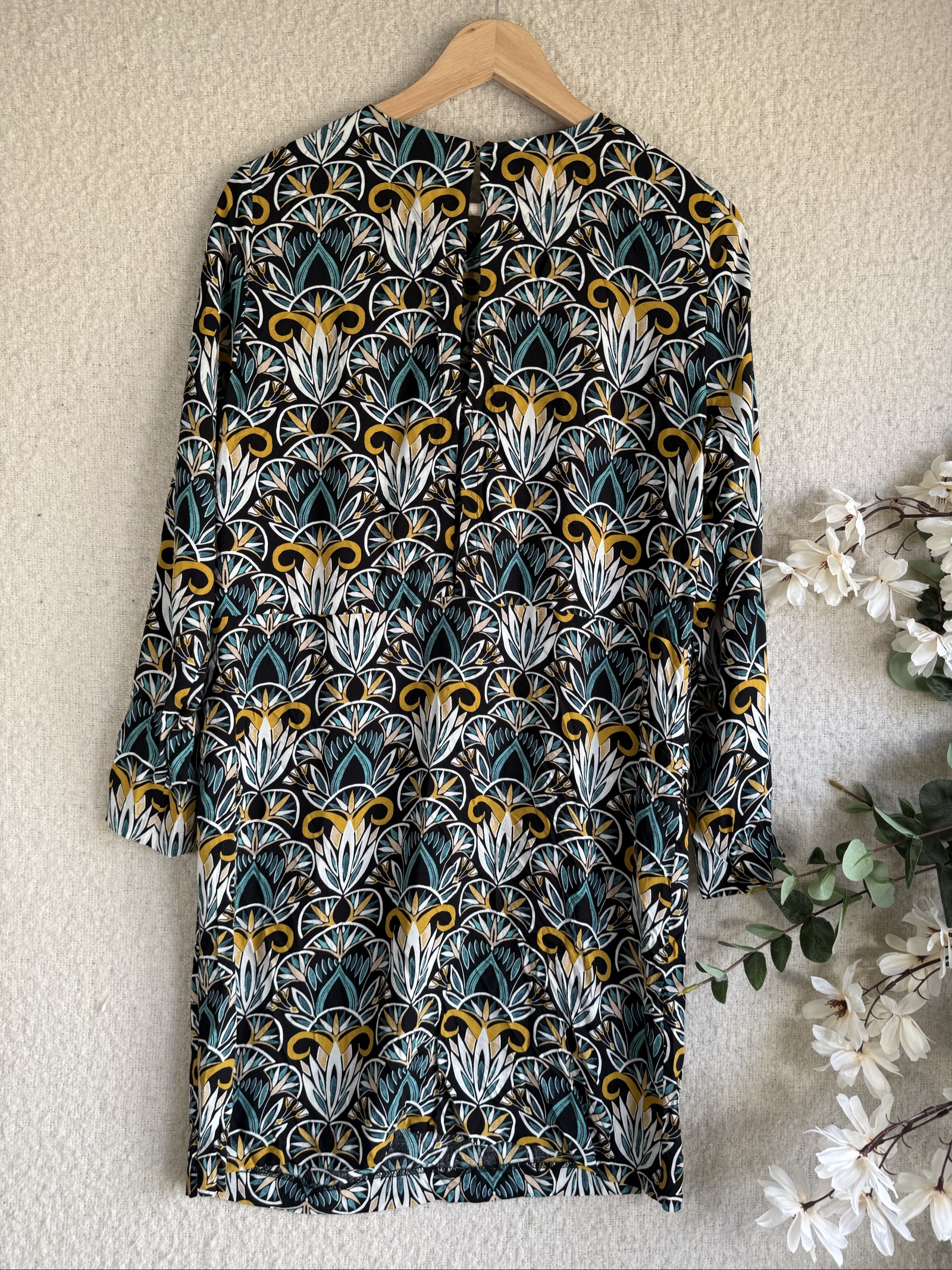 H&M Black, Mustard & Teal Patterned Long Sleeve Dress UK 10 Stylish Casual image 4
