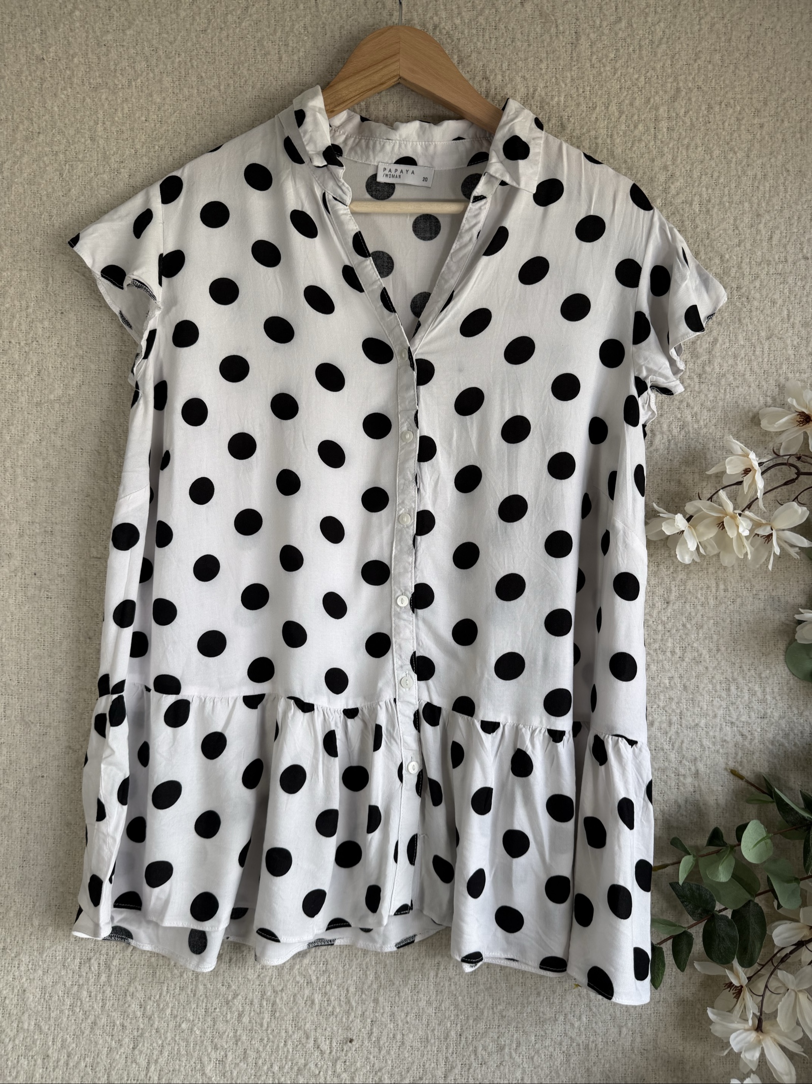 Papaya Black & White Polka Dot Button Front Peplum Blouse UK 20