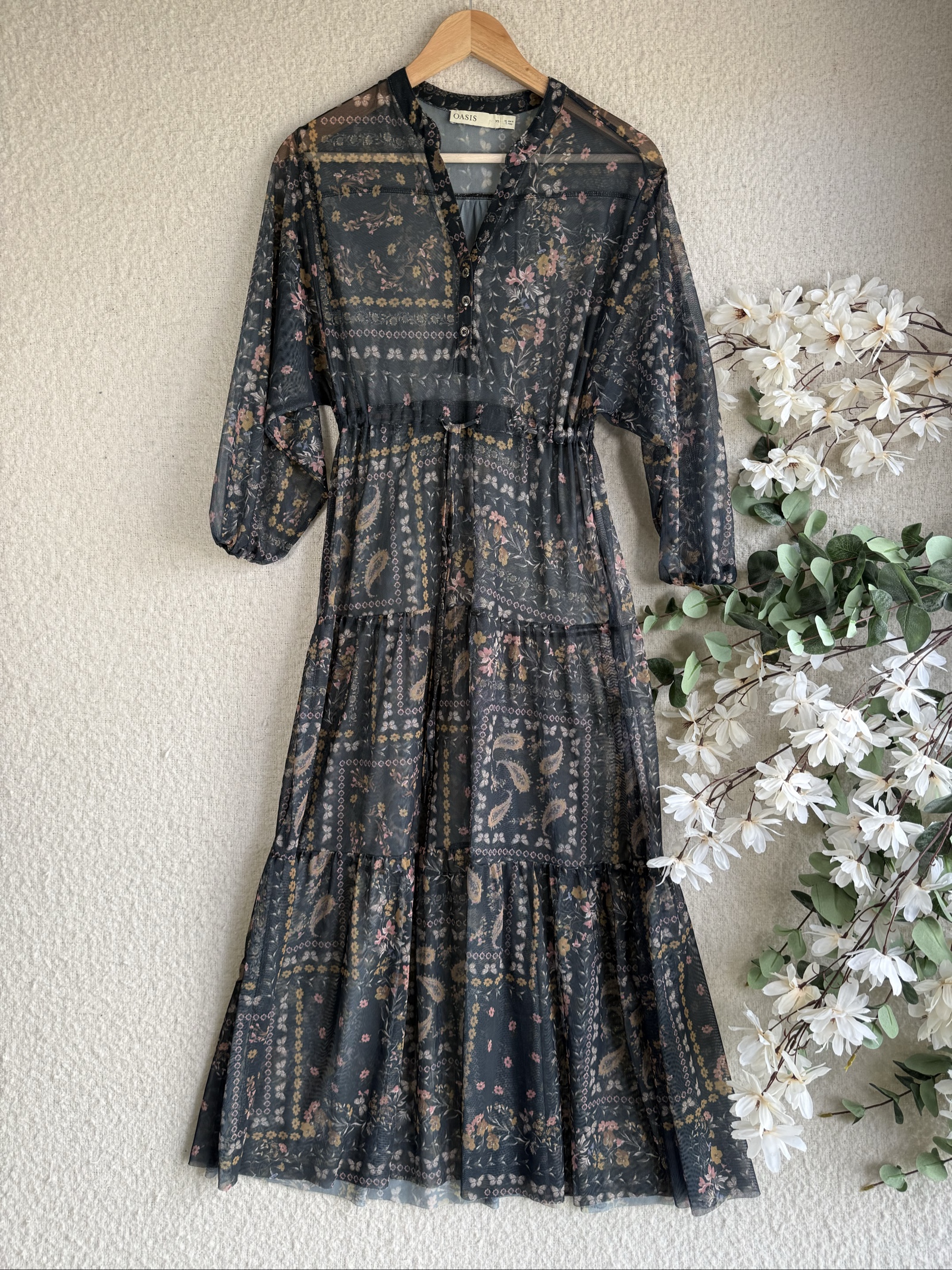 Oasis Black Floral Mesh Midi Dress XS Sheer Boho Style Occasion Wear