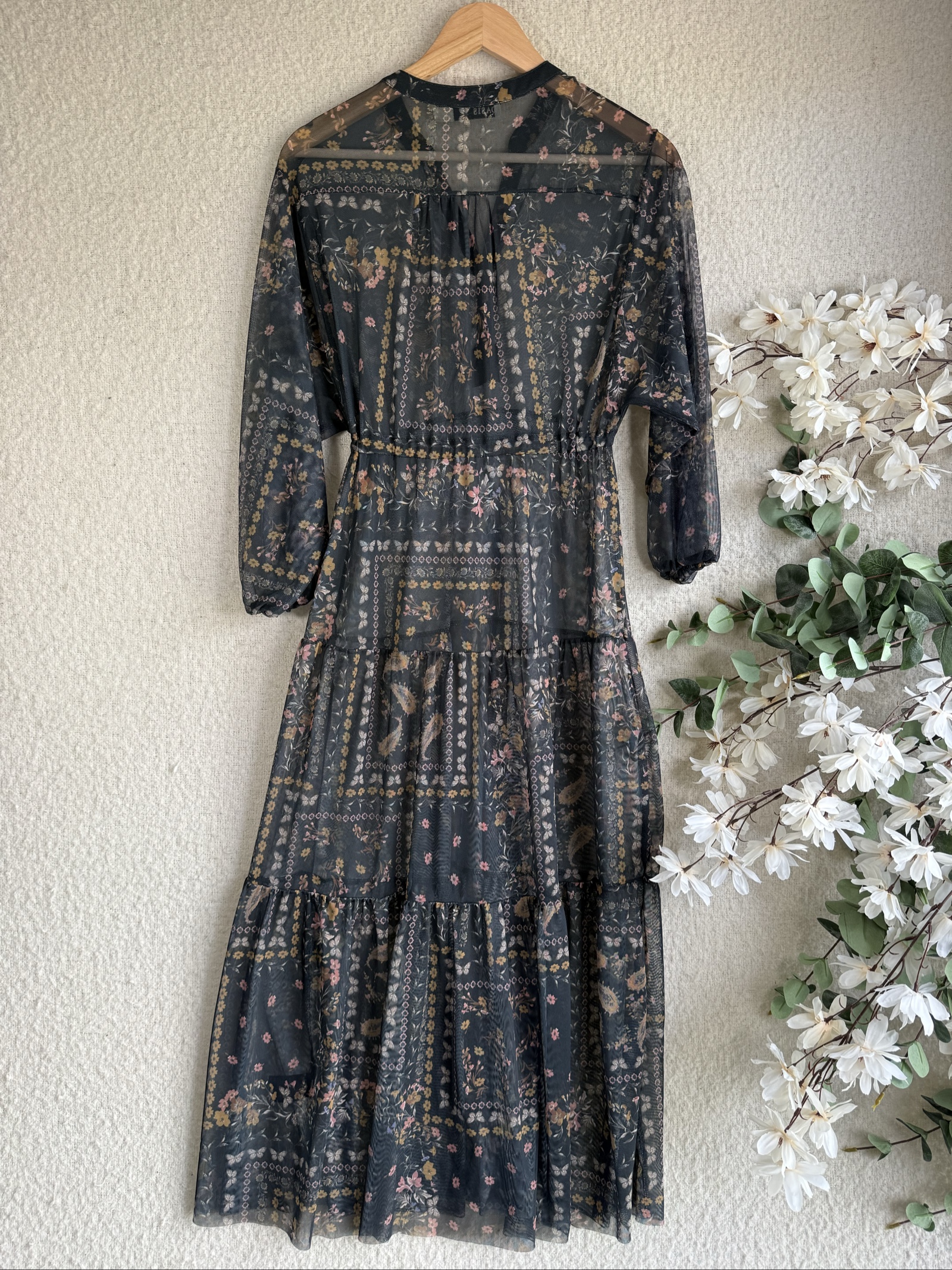 Oasis Black Floral Mesh Midi Dress XS Sheer Boho Style Occasion Wear image 5