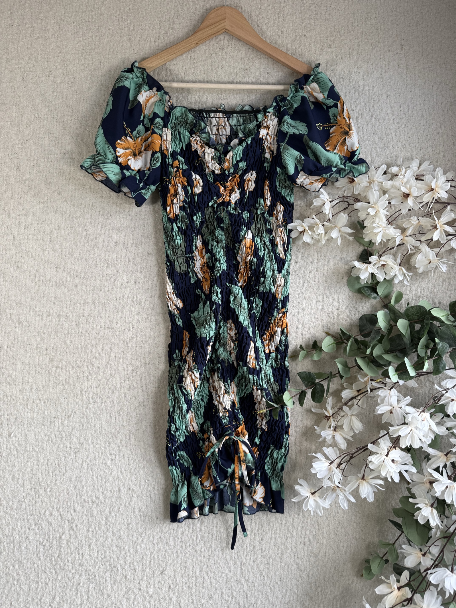 Shein Navy Green Floral Ruched Puff Sleeve Dress XL Lightweight Summer