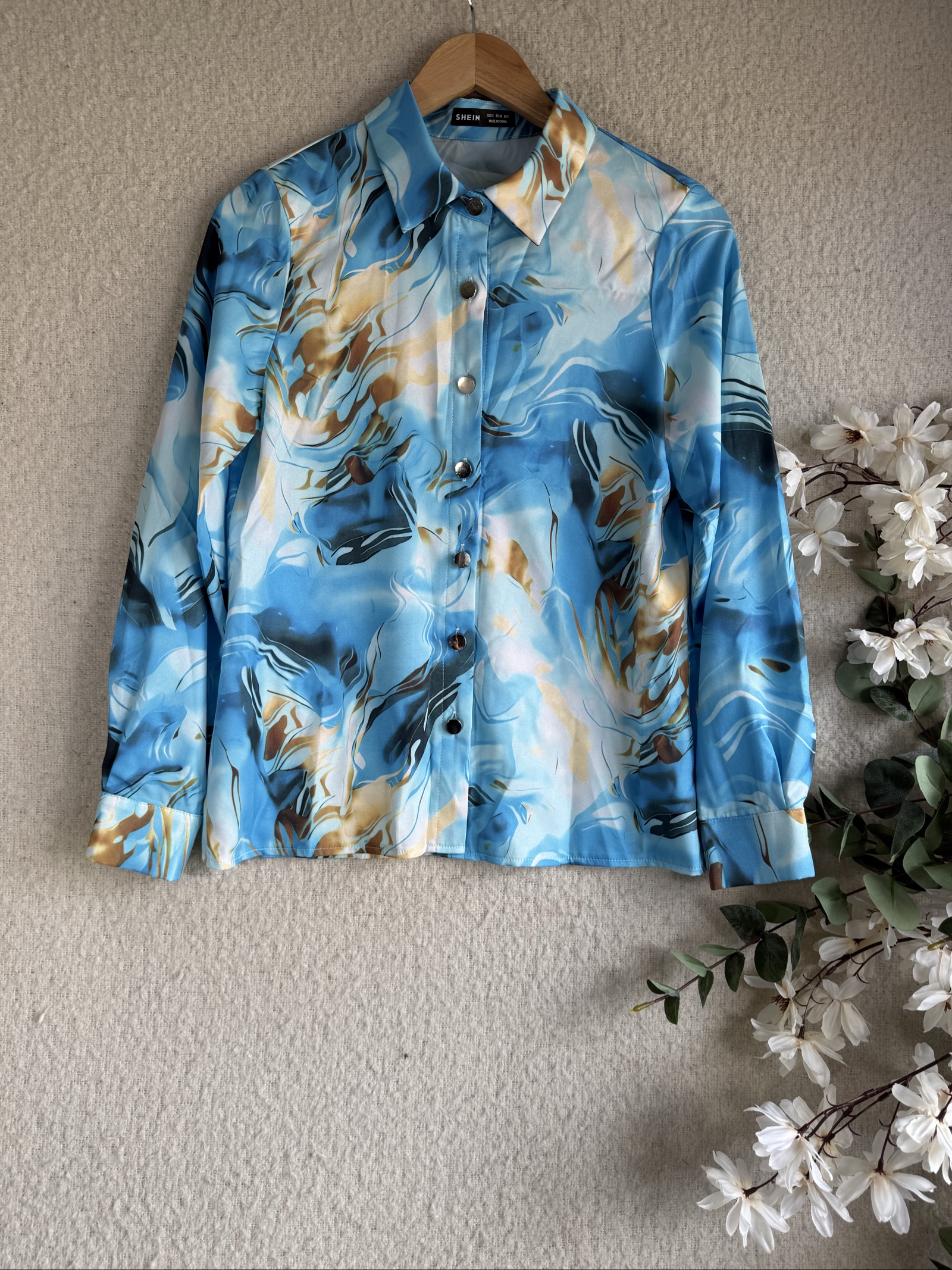 SHEIN Blue Marble Print Satin Shirt Small Long Sleeve Chic Casual Top