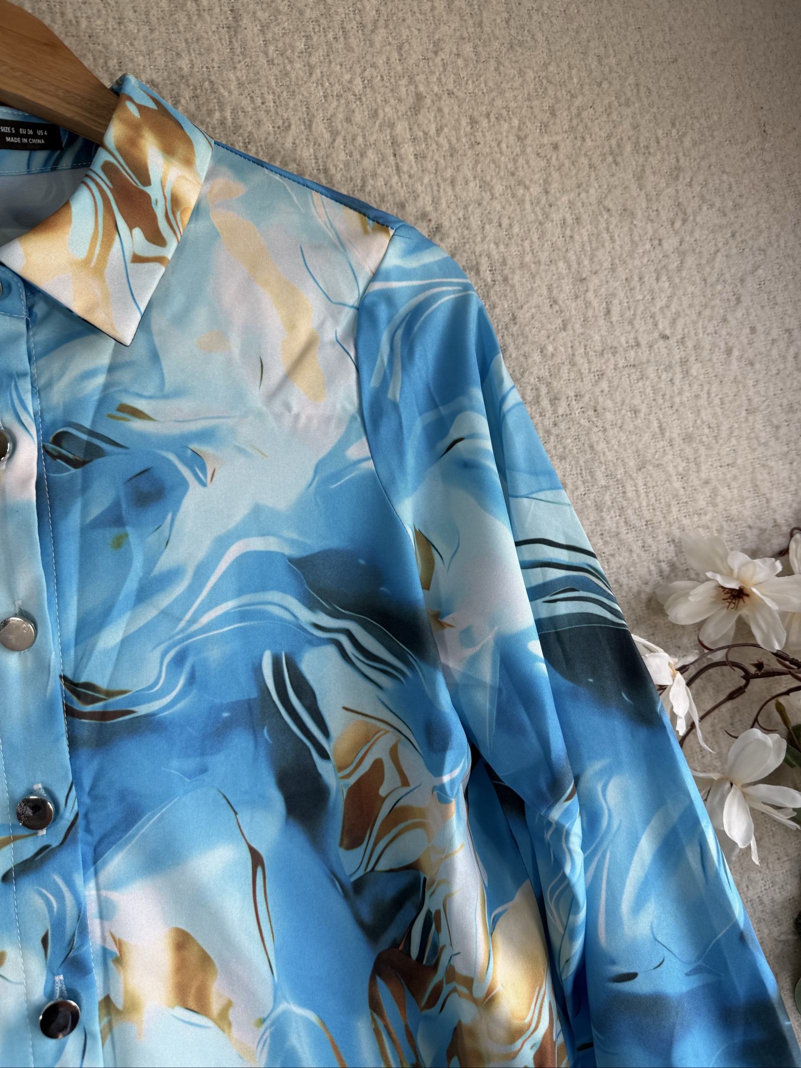 SHEIN Blue Marble Print Satin Shirt Small Long Sleeve Chic Casual Top image 2