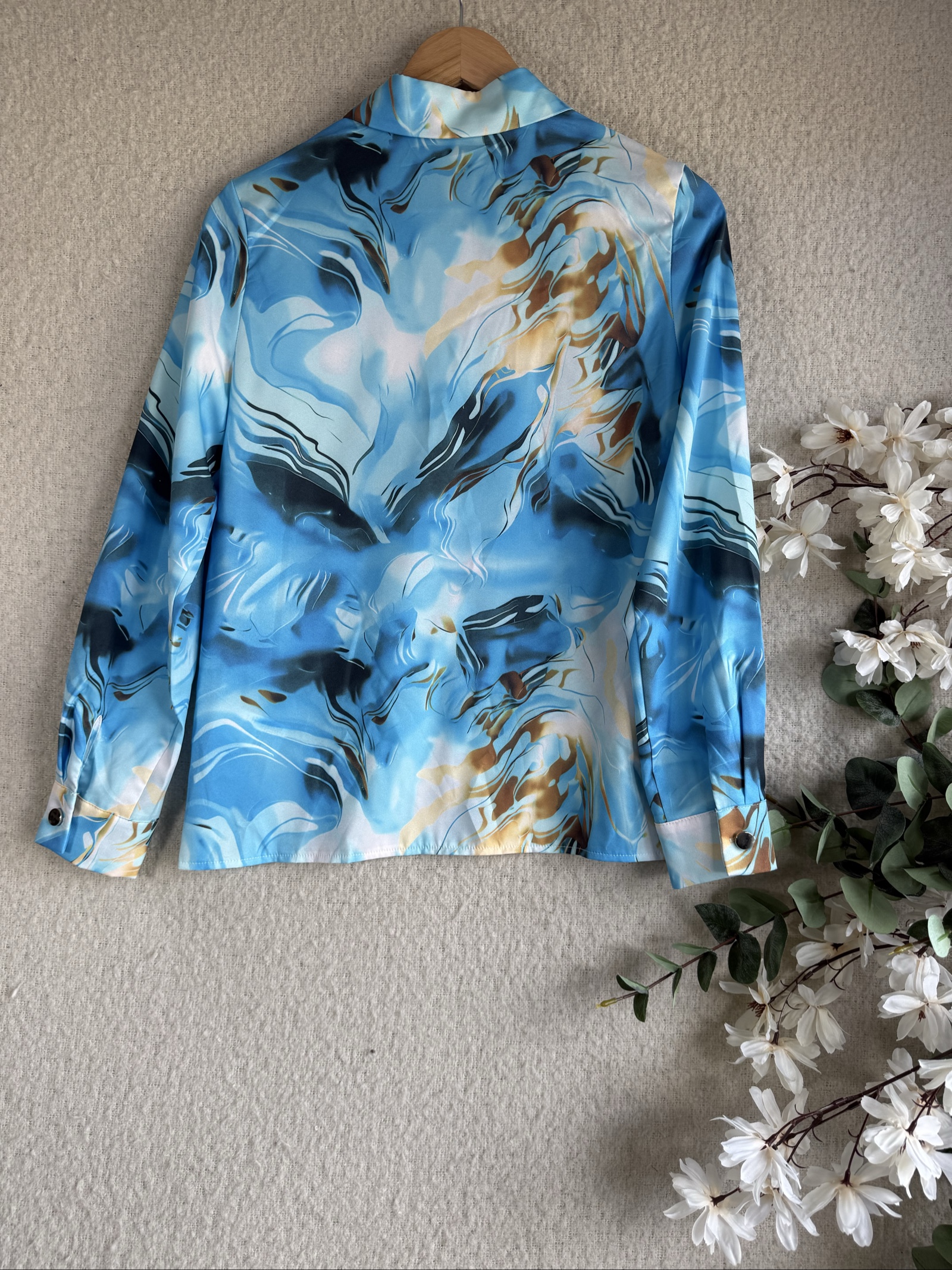 SHEIN Blue Marble Print Satin Shirt Small Long Sleeve Chic Casual Top image 4