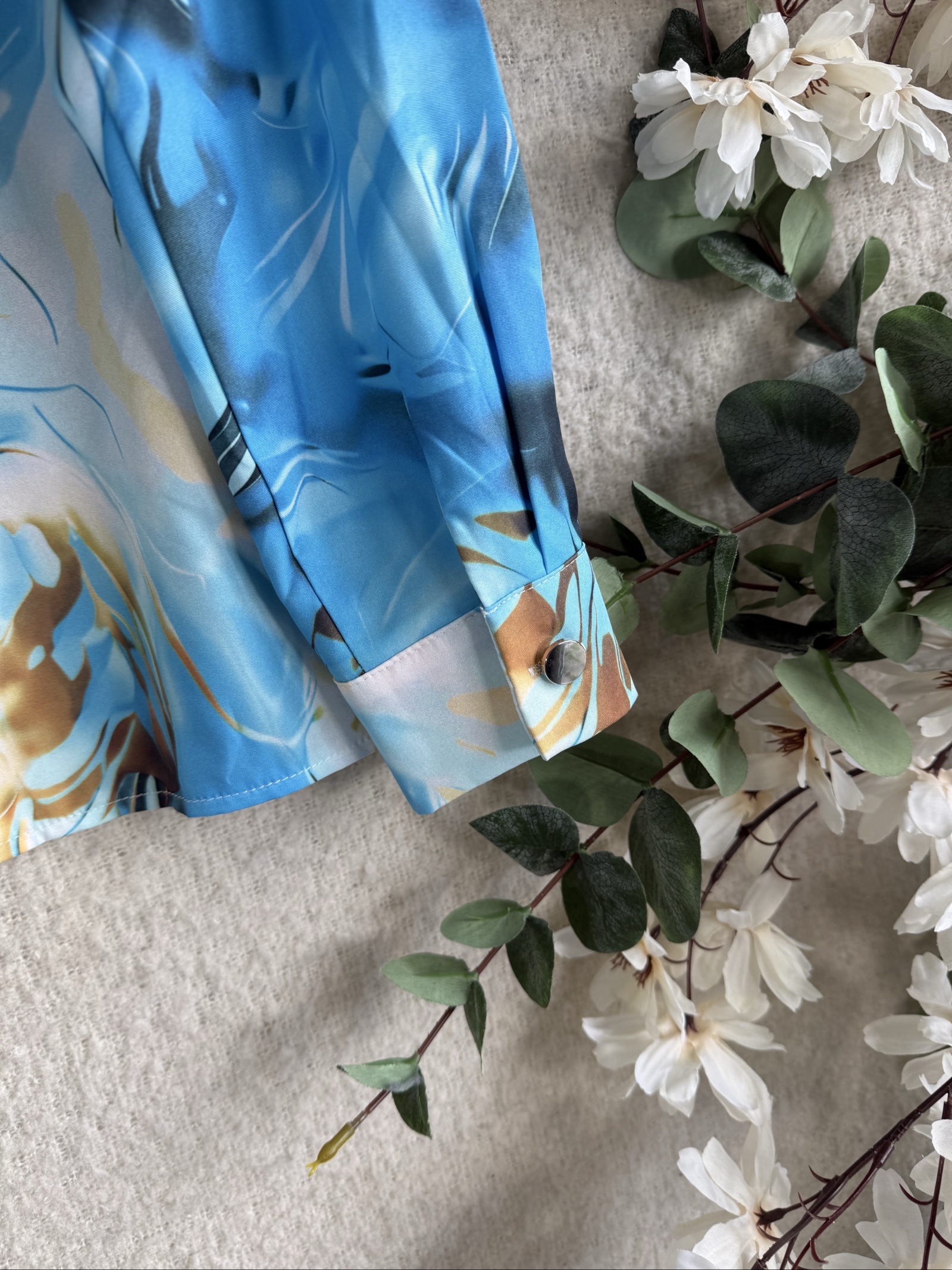 SHEIN Blue Marble Print Satin Shirt Small Long Sleeve Chic Casual Top image 5