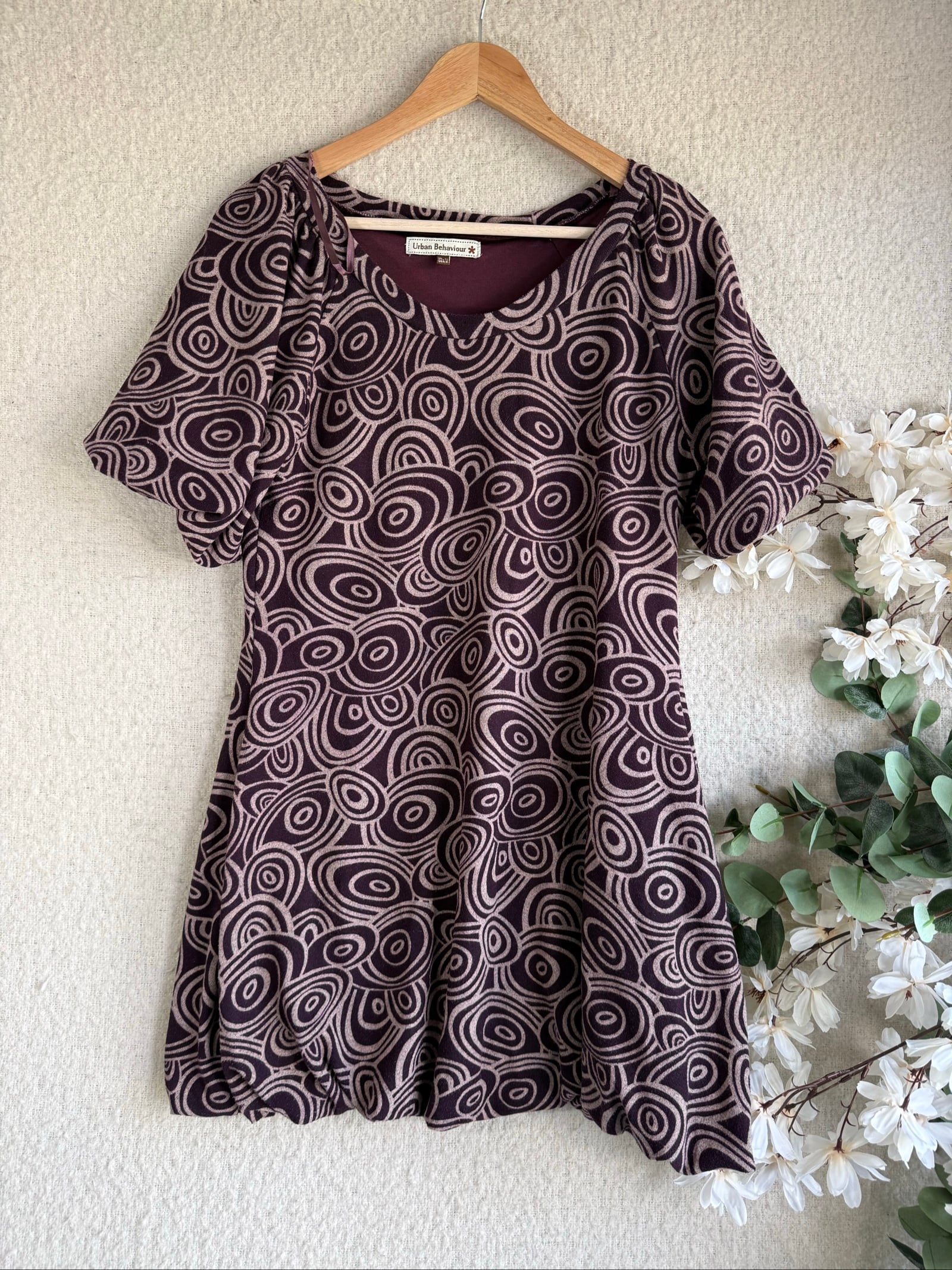 Urban Behaviour Purple & Beige Patterned Top UK 12 Puff Sleeve Casual Shirt