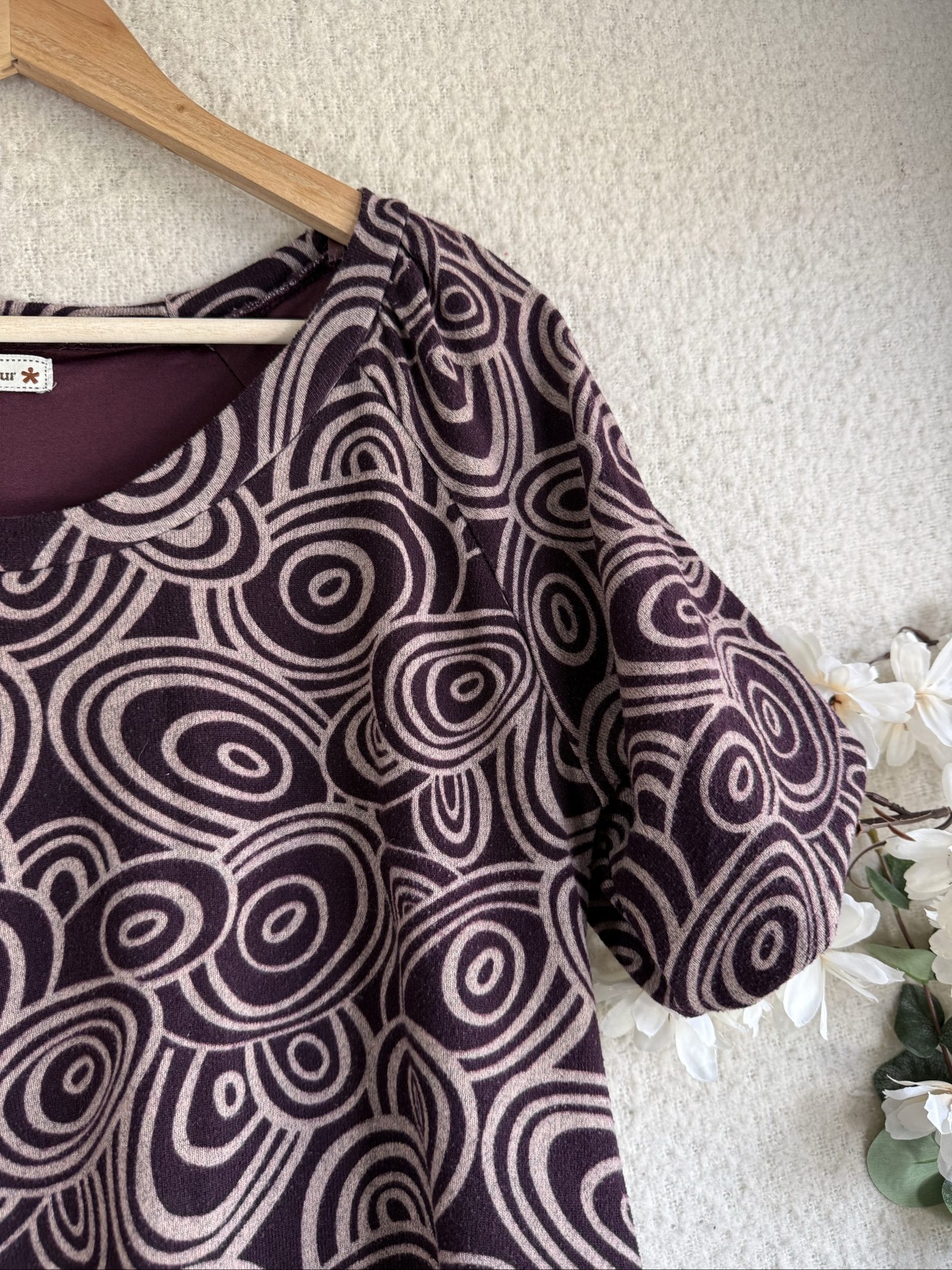 Urban Behaviour Purple & Beige Patterned Top UK 12 Puff Sleeve Casual Shirt image 2
