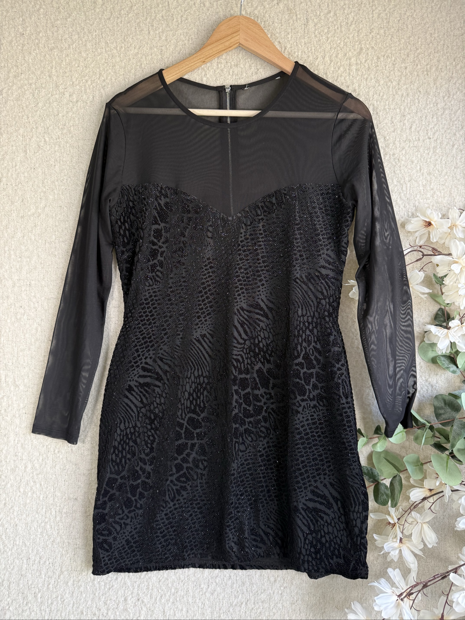 Star by Julien Macdonald Black Sheer Mesh & Textured Bodycon Dress UK 12