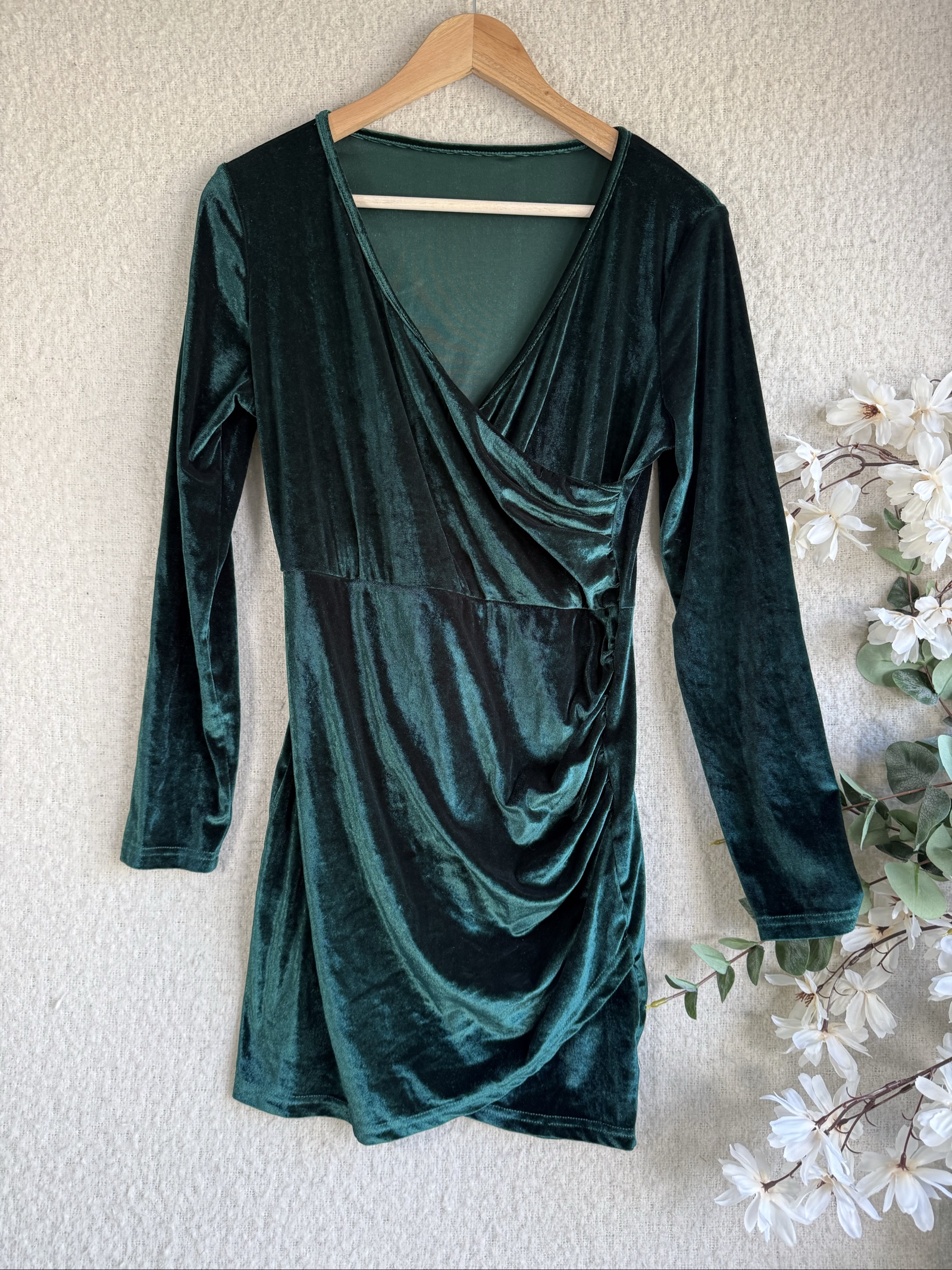 Velvet Green Wrap Front Long Sleeve Mini Dress XL Party Chic Style