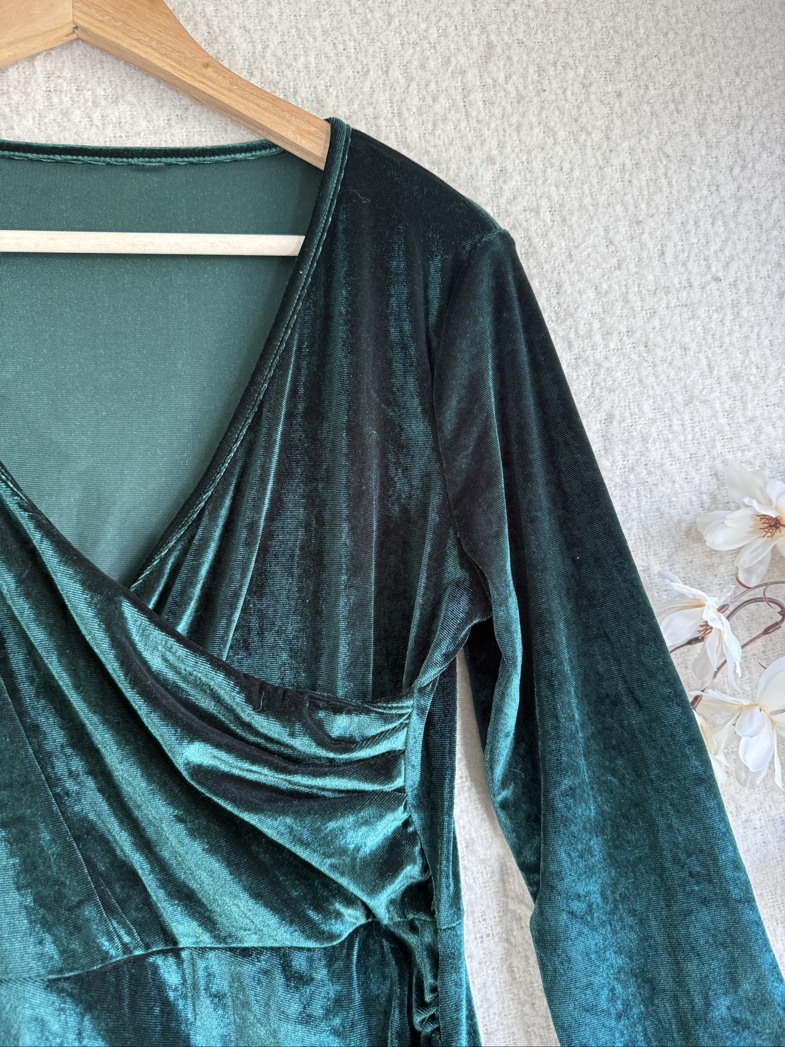 Velvet Green Wrap Front Long Sleeve Mini Dress XL Party Chic Style image 2