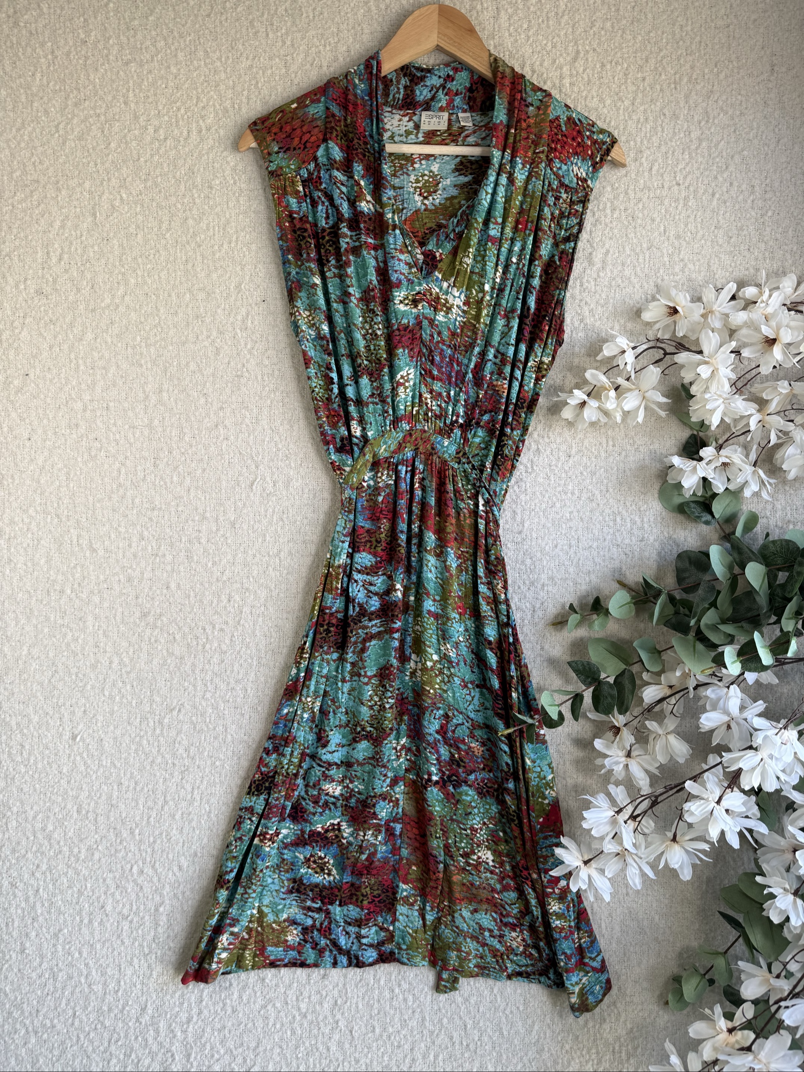 Esprit Multi Colour Patterned Sleeveless Dress UK 14 Viscose Blend Casual