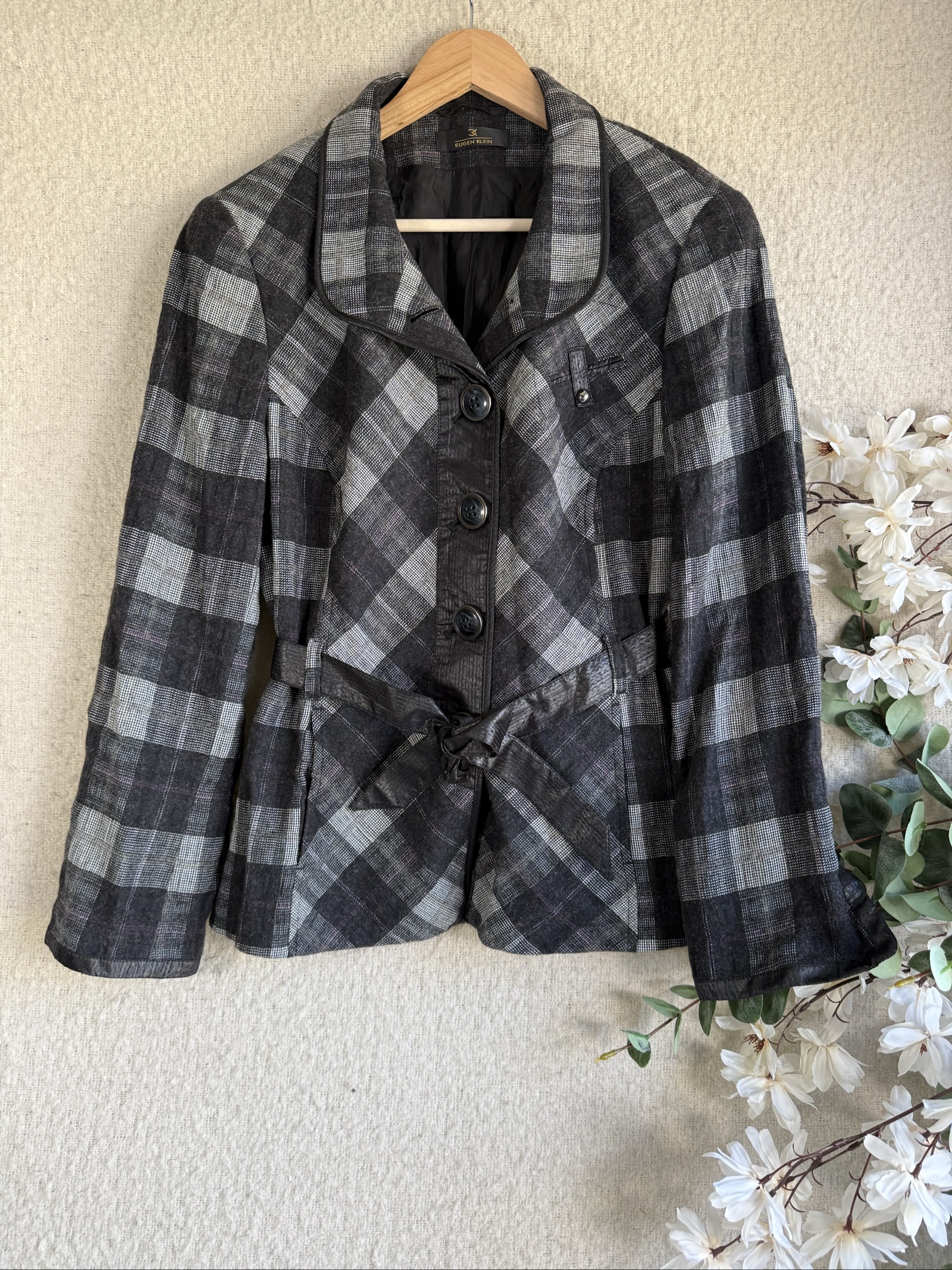 Eugen Klein Black & Grey Checked Belted Blazer Jacket UK Medium Stylish