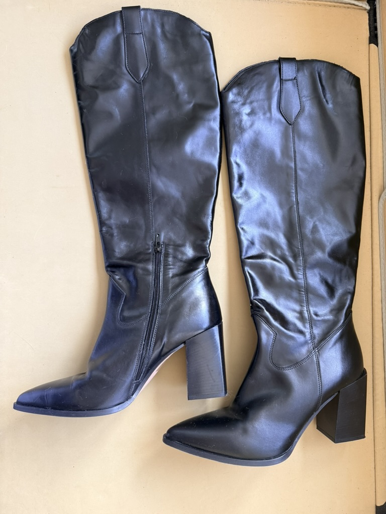 Black Leather Knee-High Boots Size 8/42 with Block Heel image 2