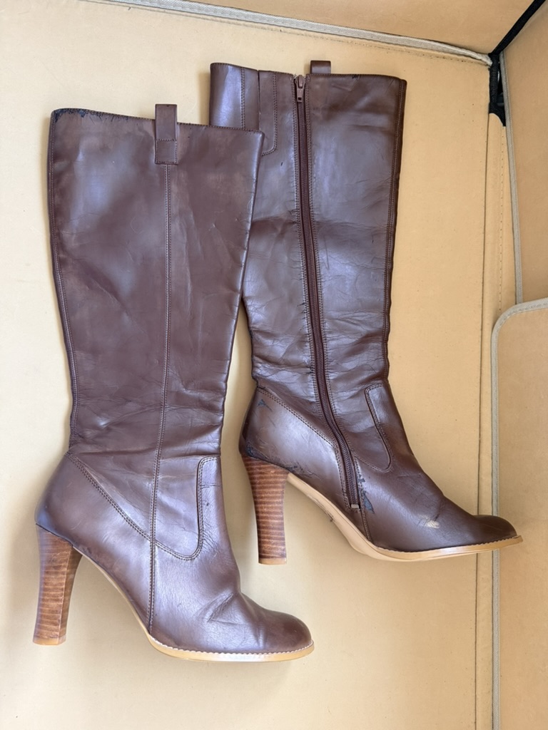 Brown Genuine Leather Knee High Boots Size 8 Heeled Side Zip