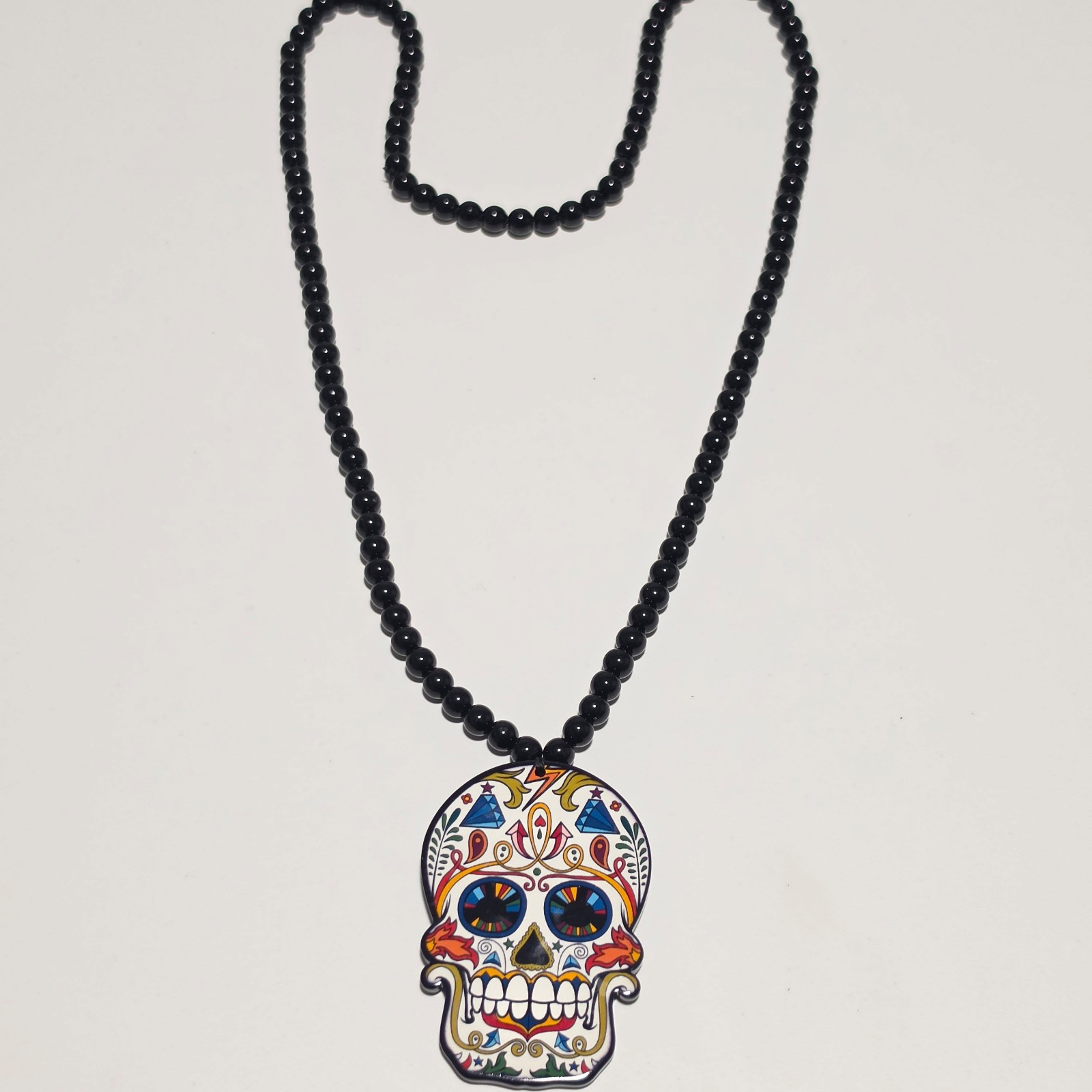 Black & Multi Colour Sugar Skull Pendant Necklace .
