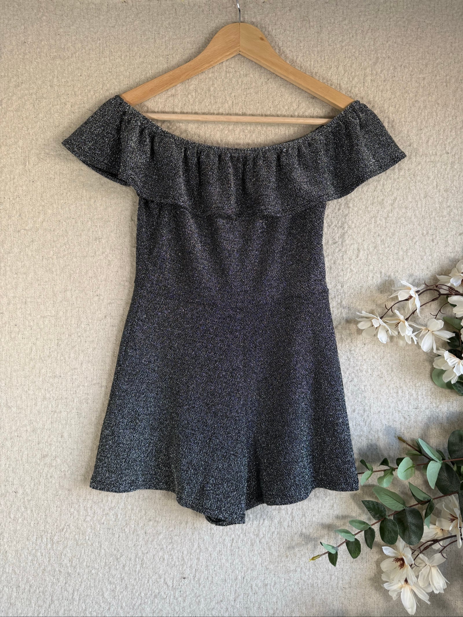 Miss Selfridge Silver Metallic Off Shoulder Play Suit UK 8 Sparkly Party Romper