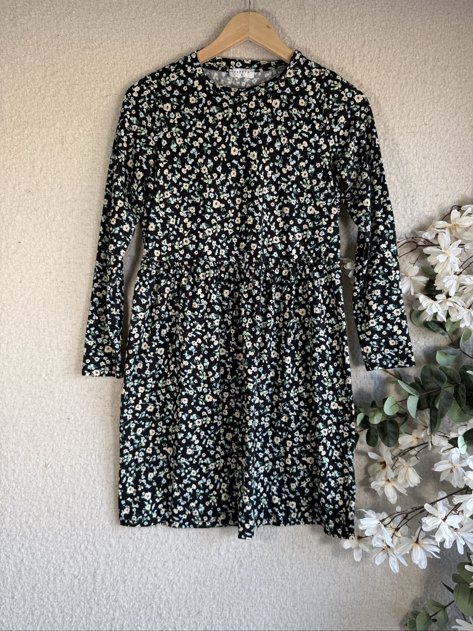 Papaya Black Floral Print Long Sleeve Dress UK 8 Casual Everyday Wear