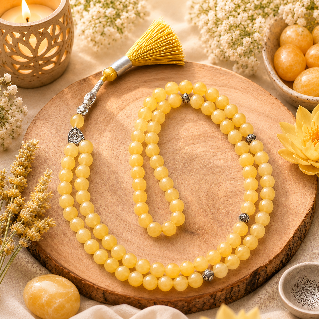 Calcite Tasbih – 100 Beads, 8mm Certified Natural Stone Prayer Beads, Handmade Islamic Misbaha for Dhikr & Meditation